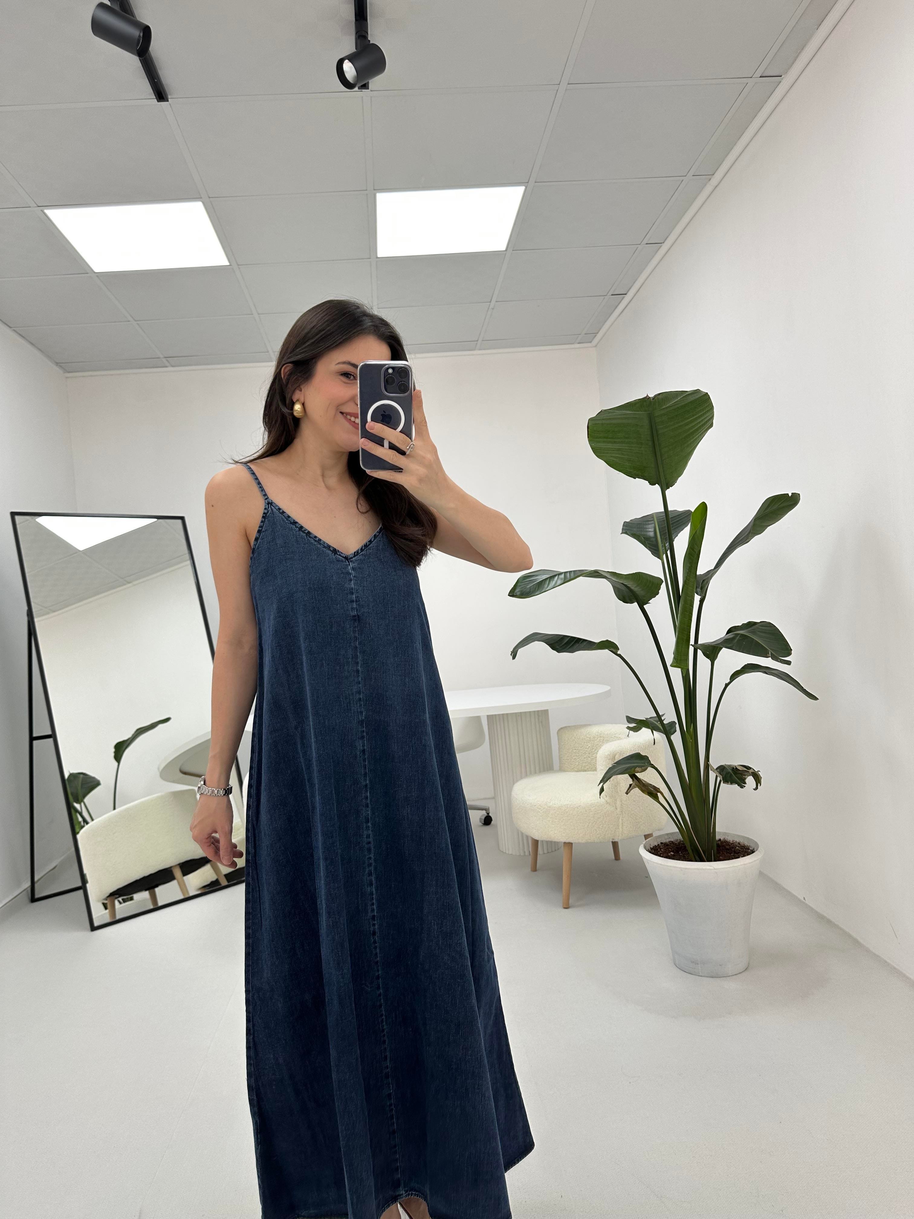İp Askılı Denim Mavi Kot Elbise 