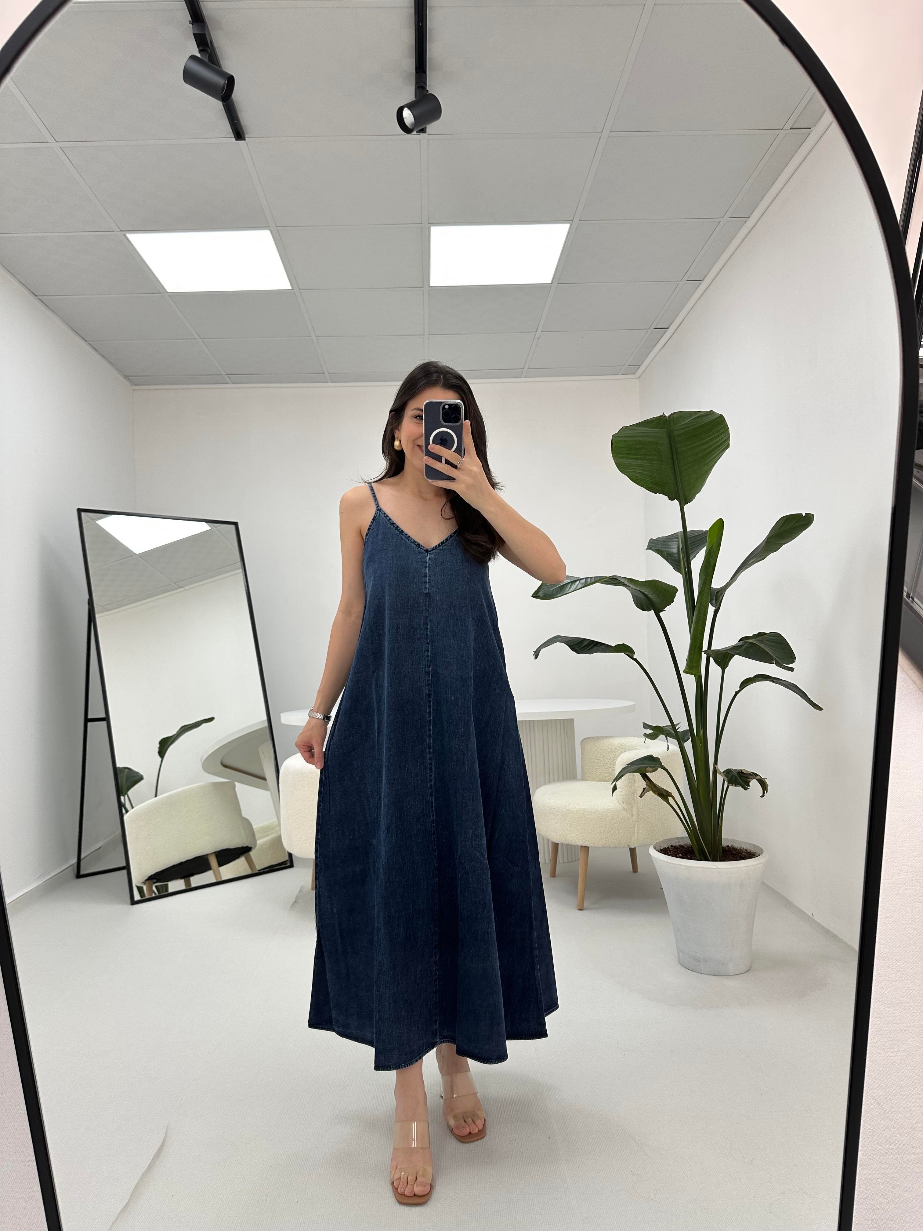 İp Askılı Denim Mavi Kot Elbise 
