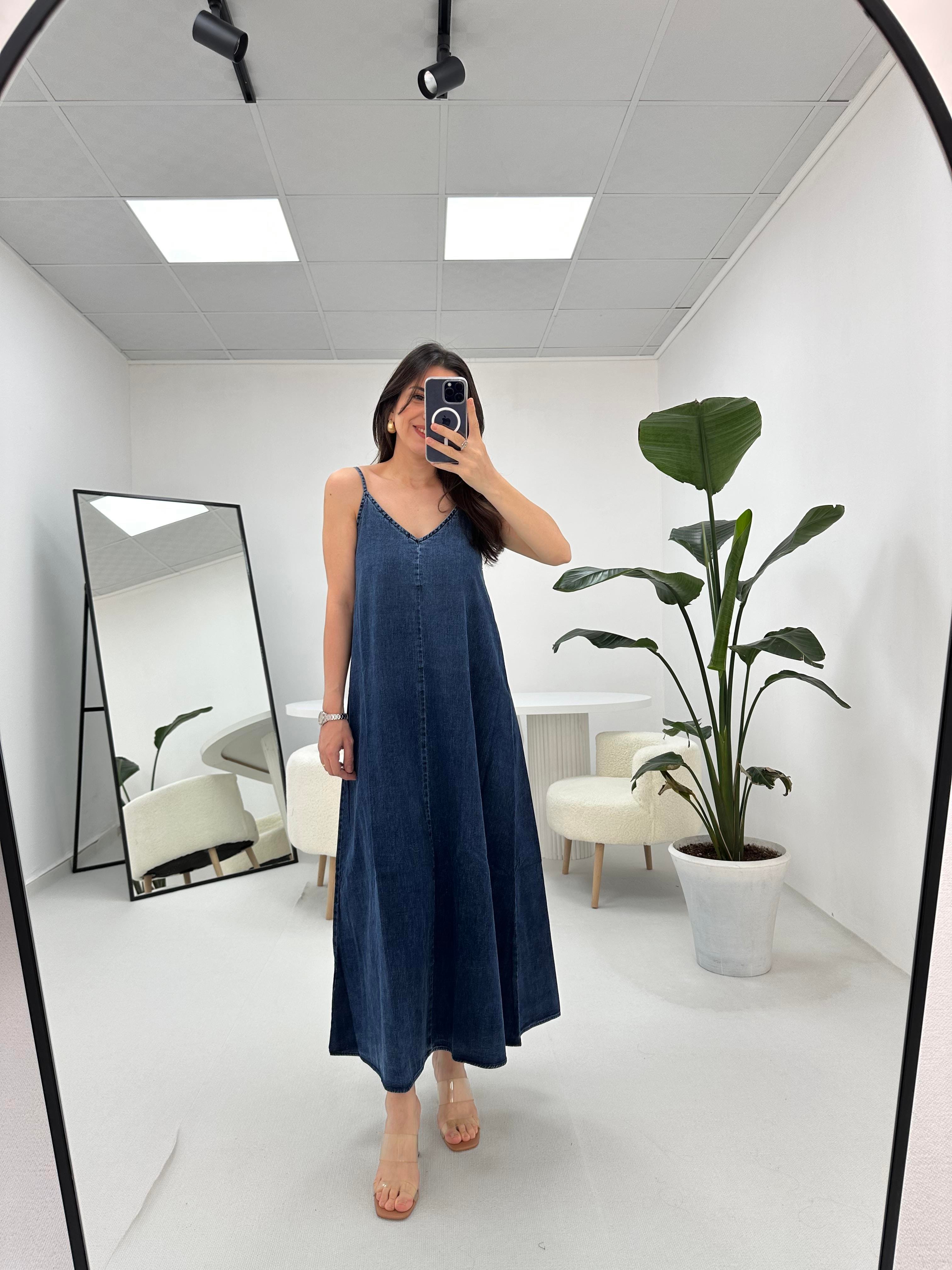 İp Askılı Denim Mavi Kot Elbise 