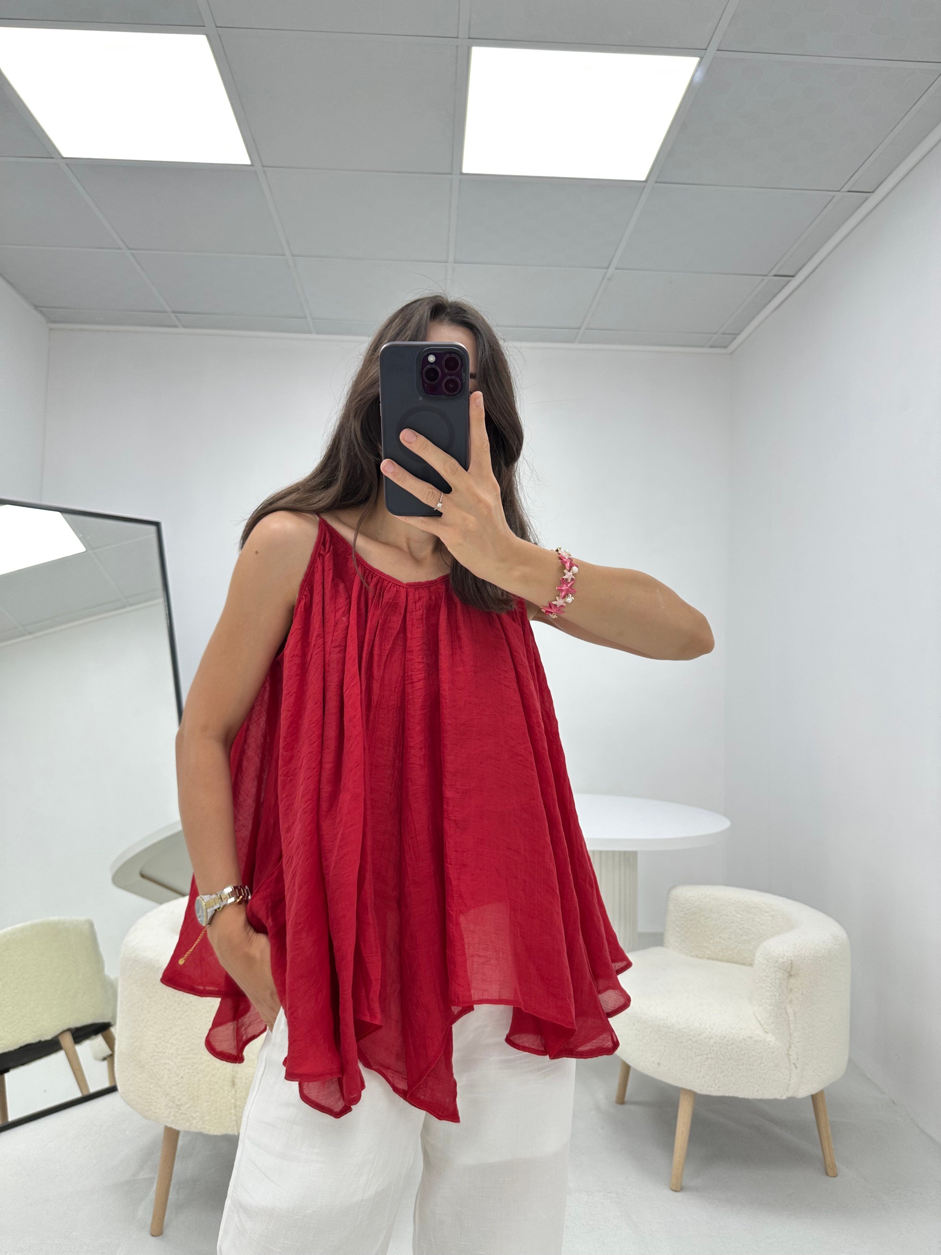 İp Askılı Tül Kırmızı  Bluz