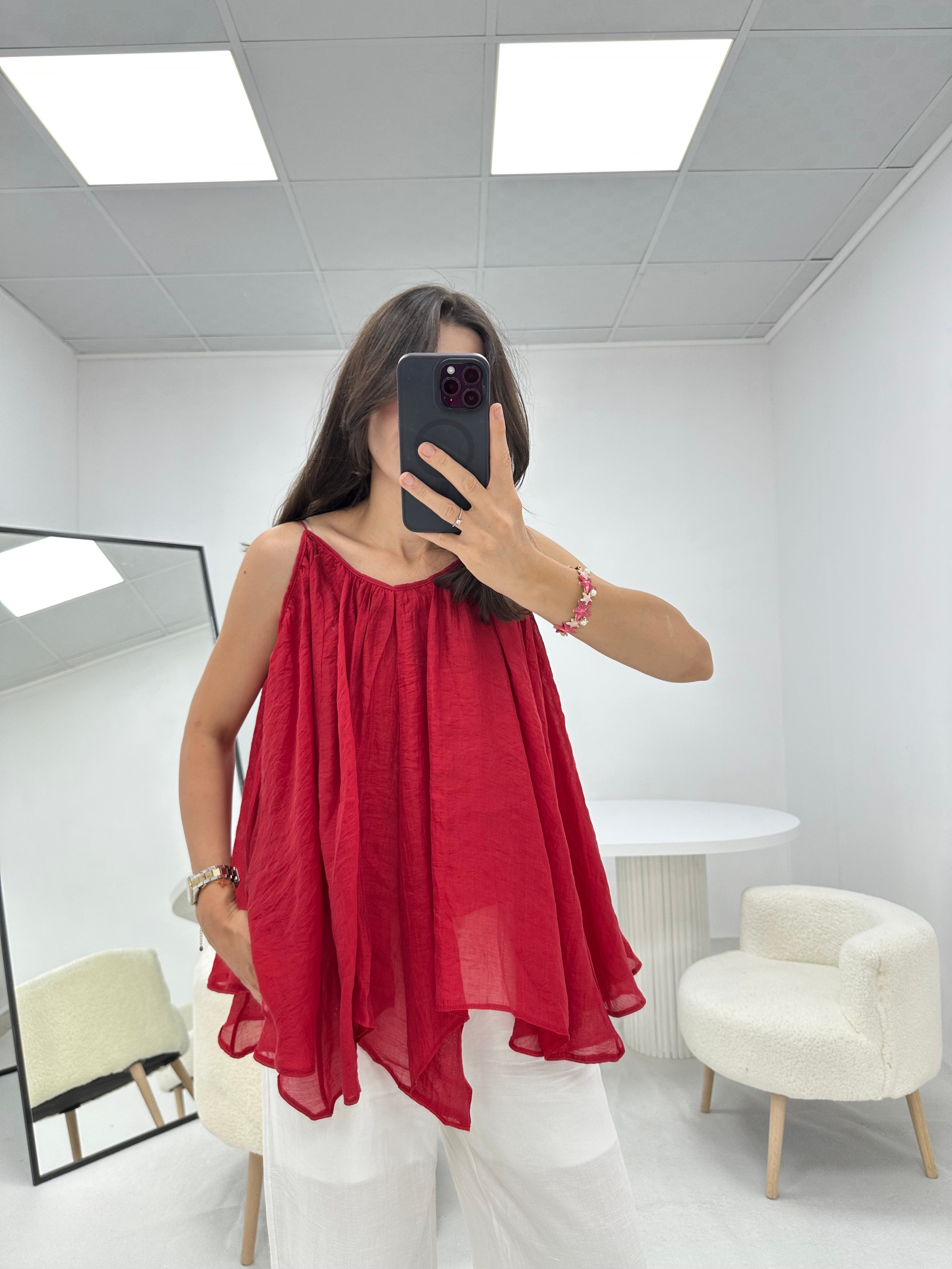 İp Askılı Tül Kırmızı  Bluz
