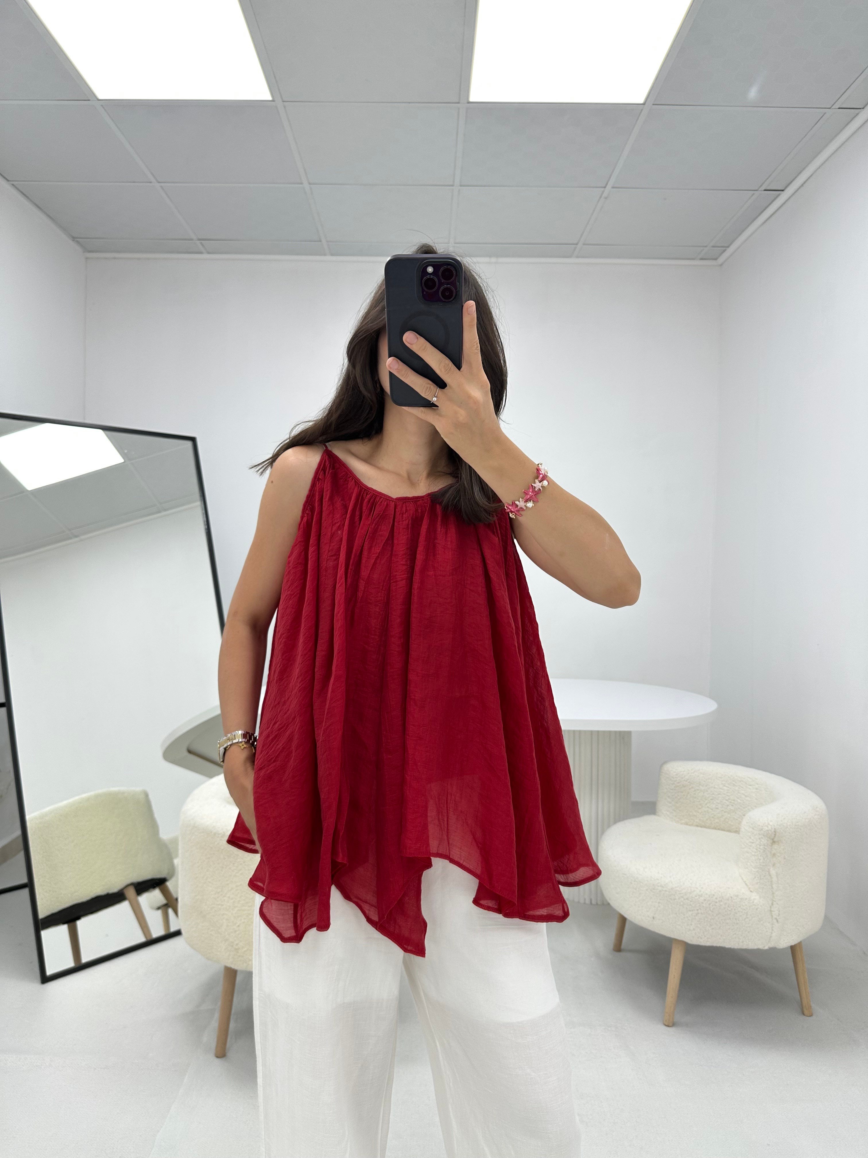 İp Askılı Tül Kırmızı  Bluz