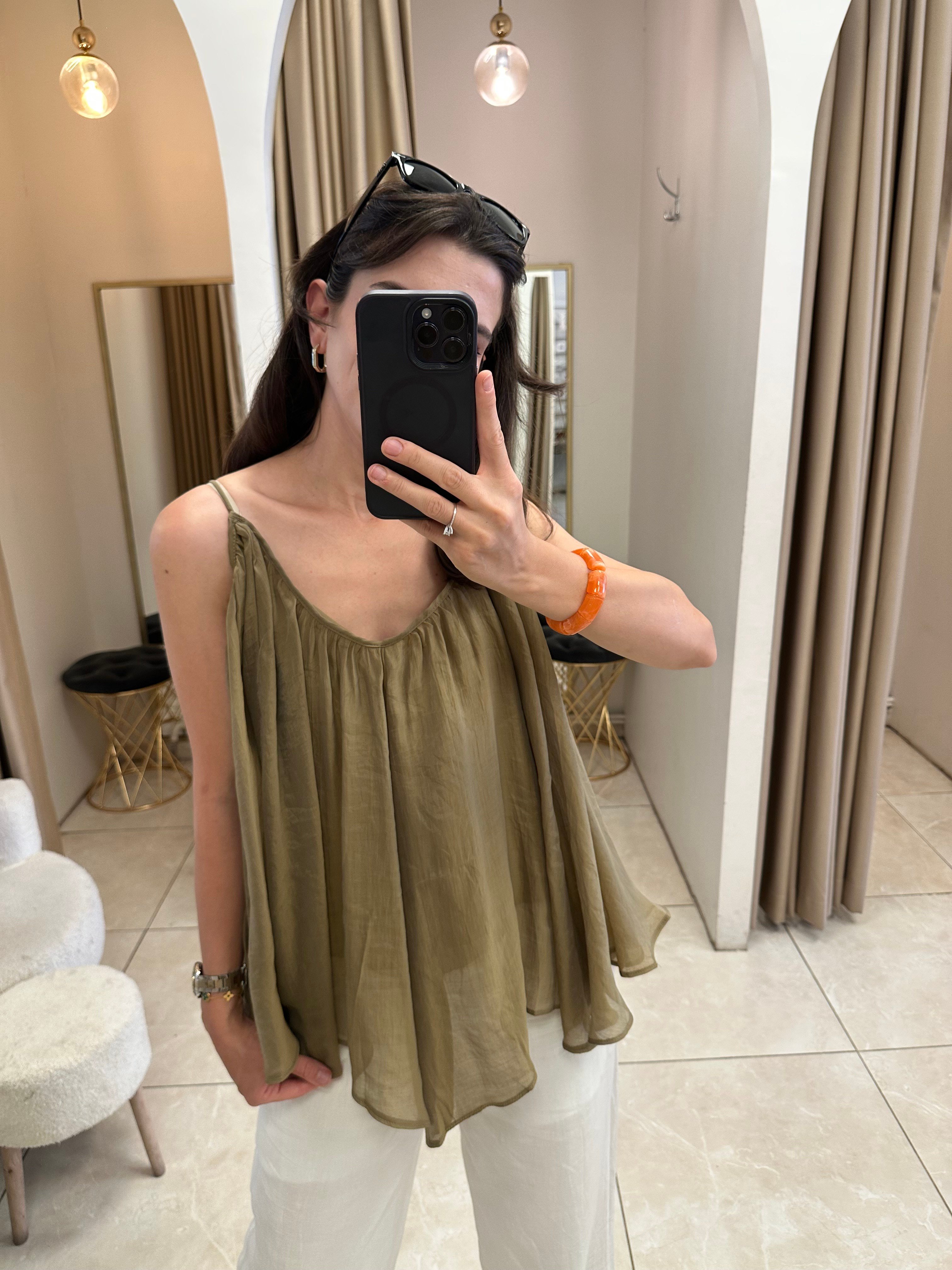 İp Askılı Tül Olive Bluz