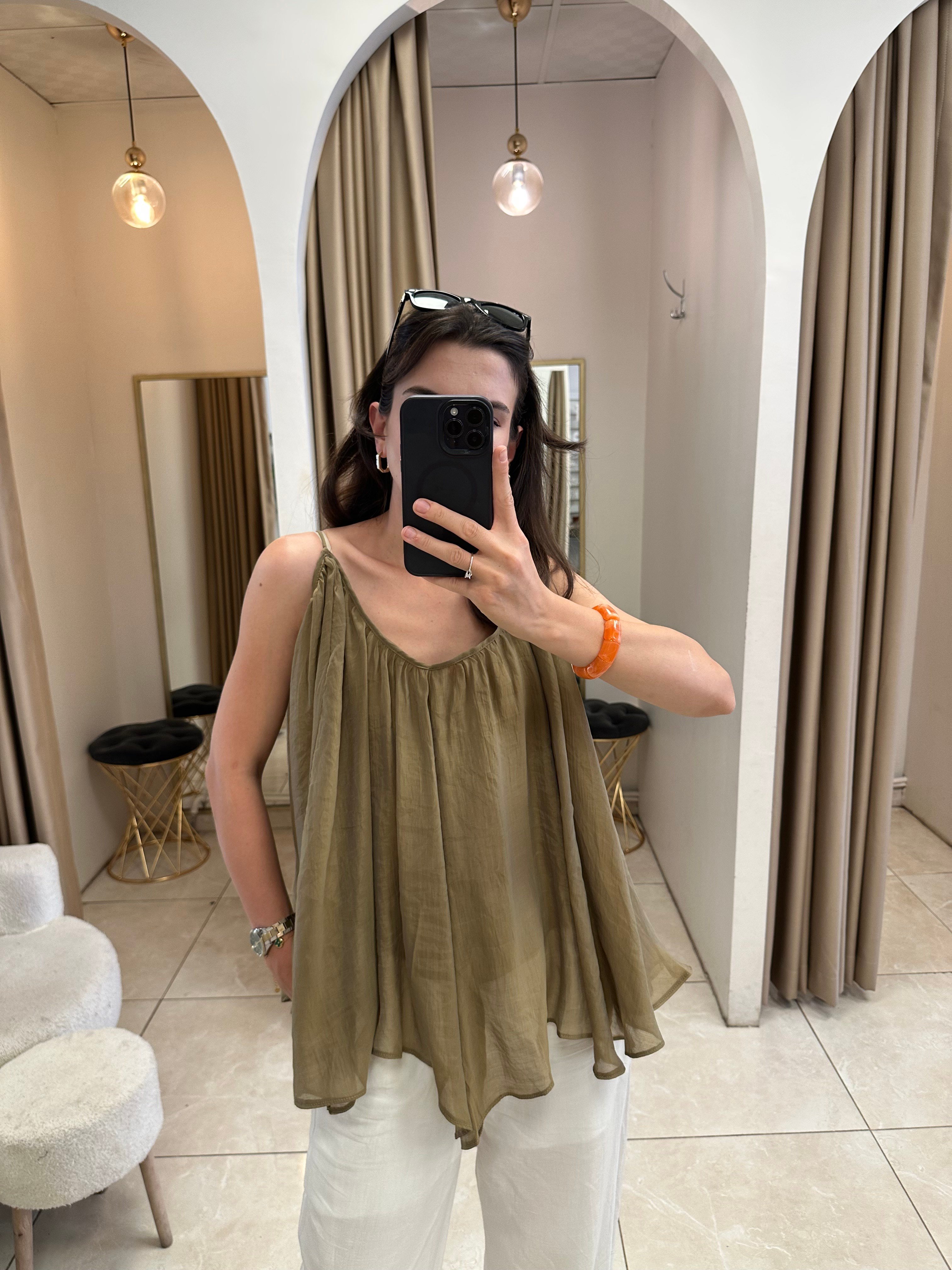 İp Askılı Tül Olive Bluz