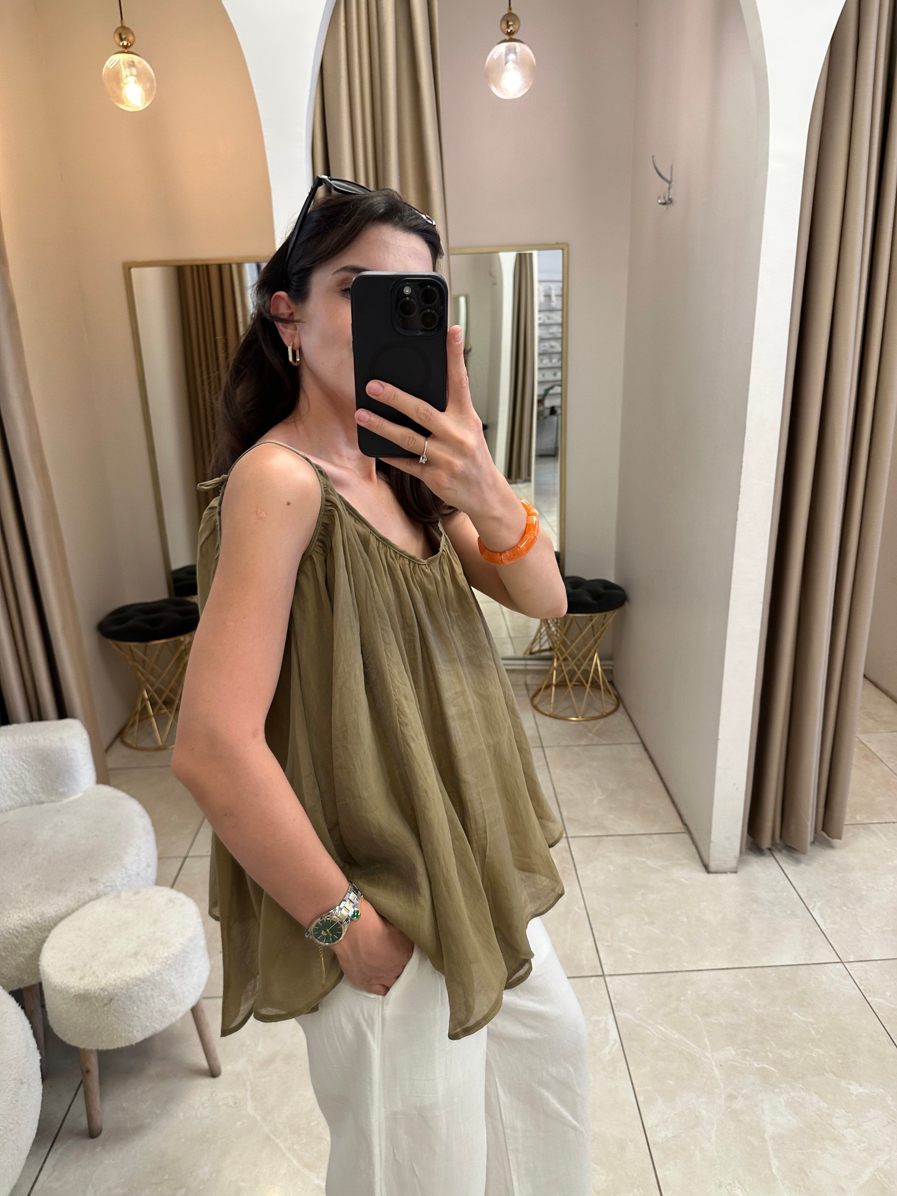 İp Askılı Tül Olive Bluz