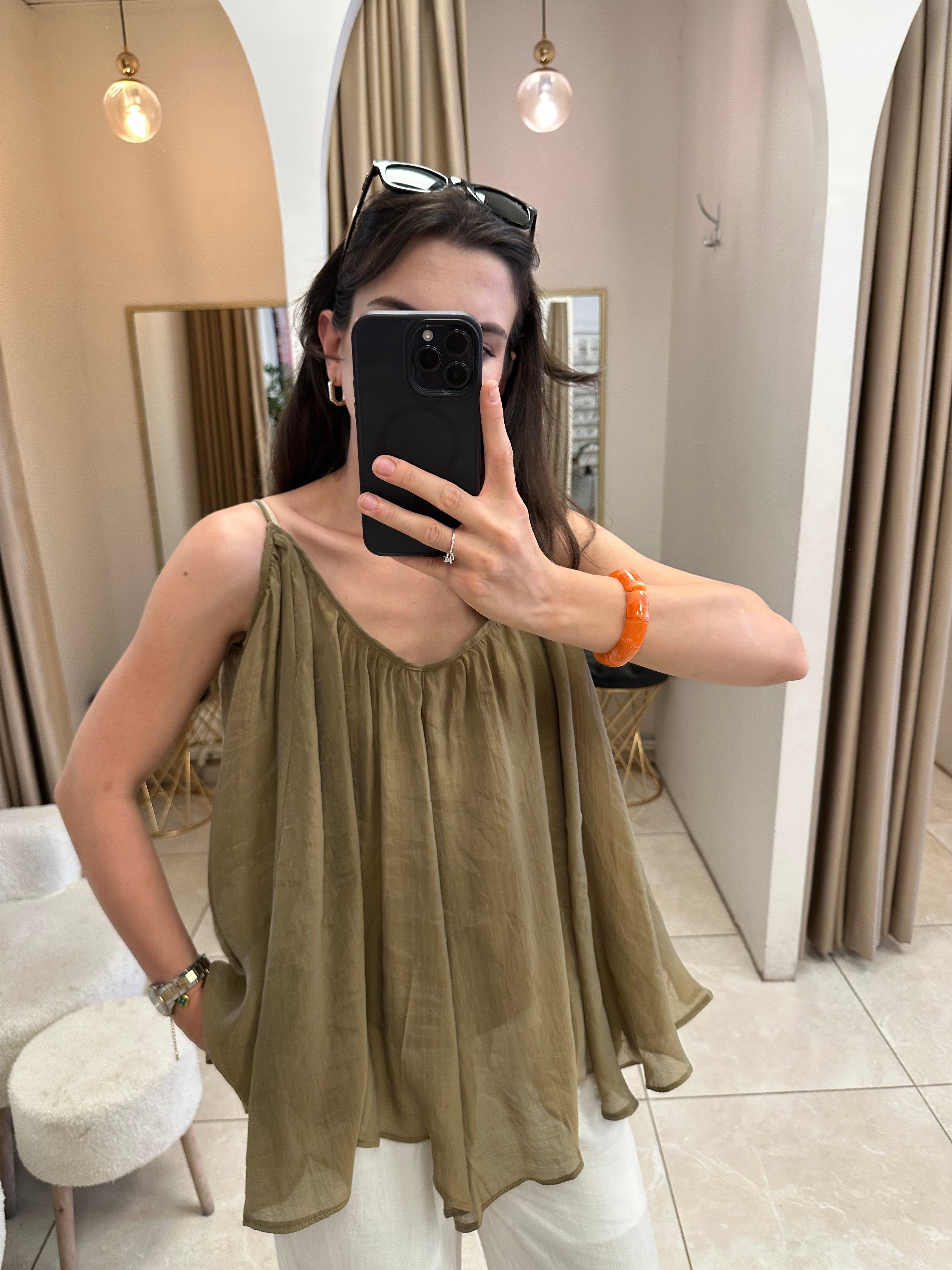 İp Askılı Tül Olive Bluz