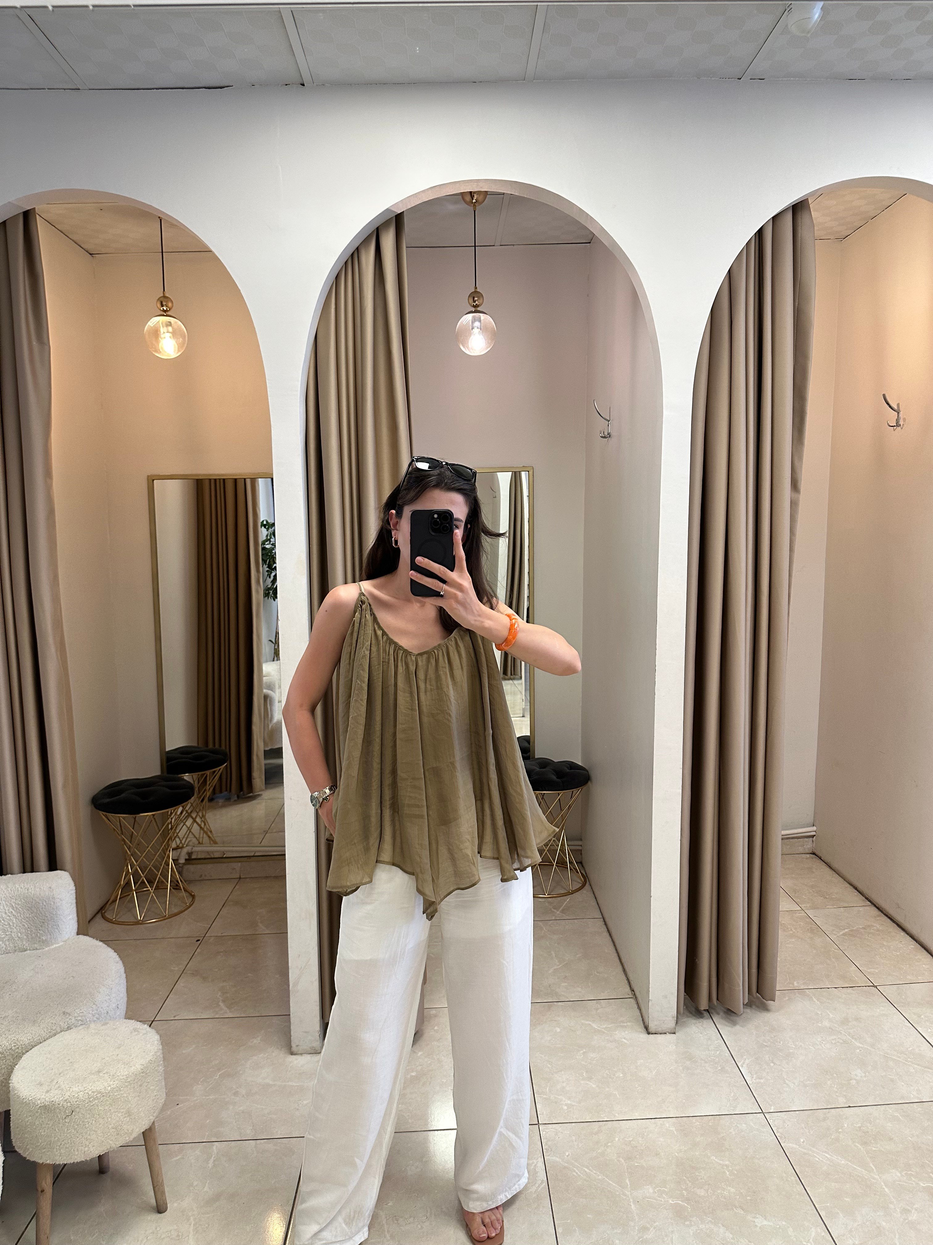 İp Askılı Tül Olive Bluz