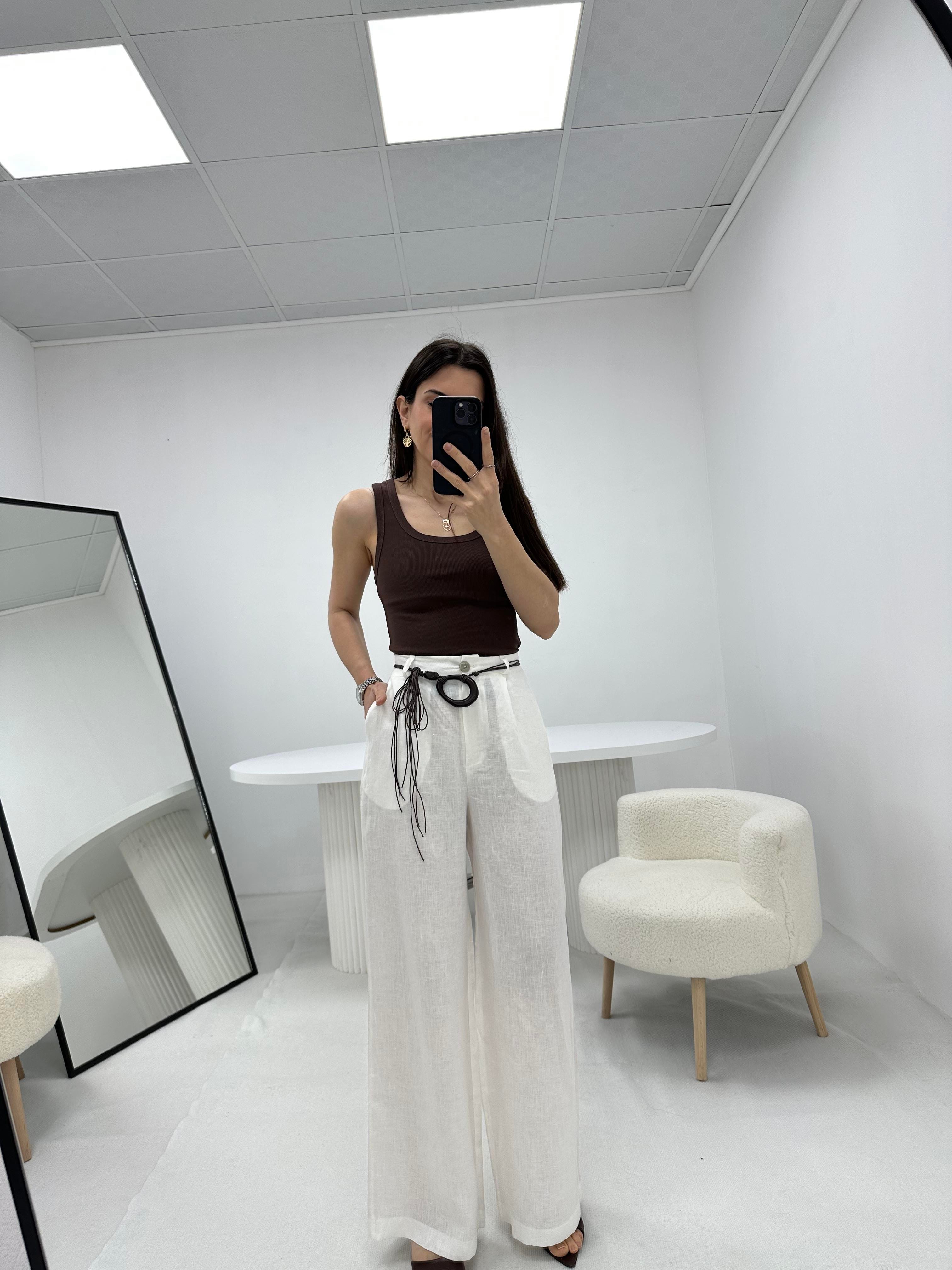 İp Detaylı Kemerli Keten Vizon Pantolon 