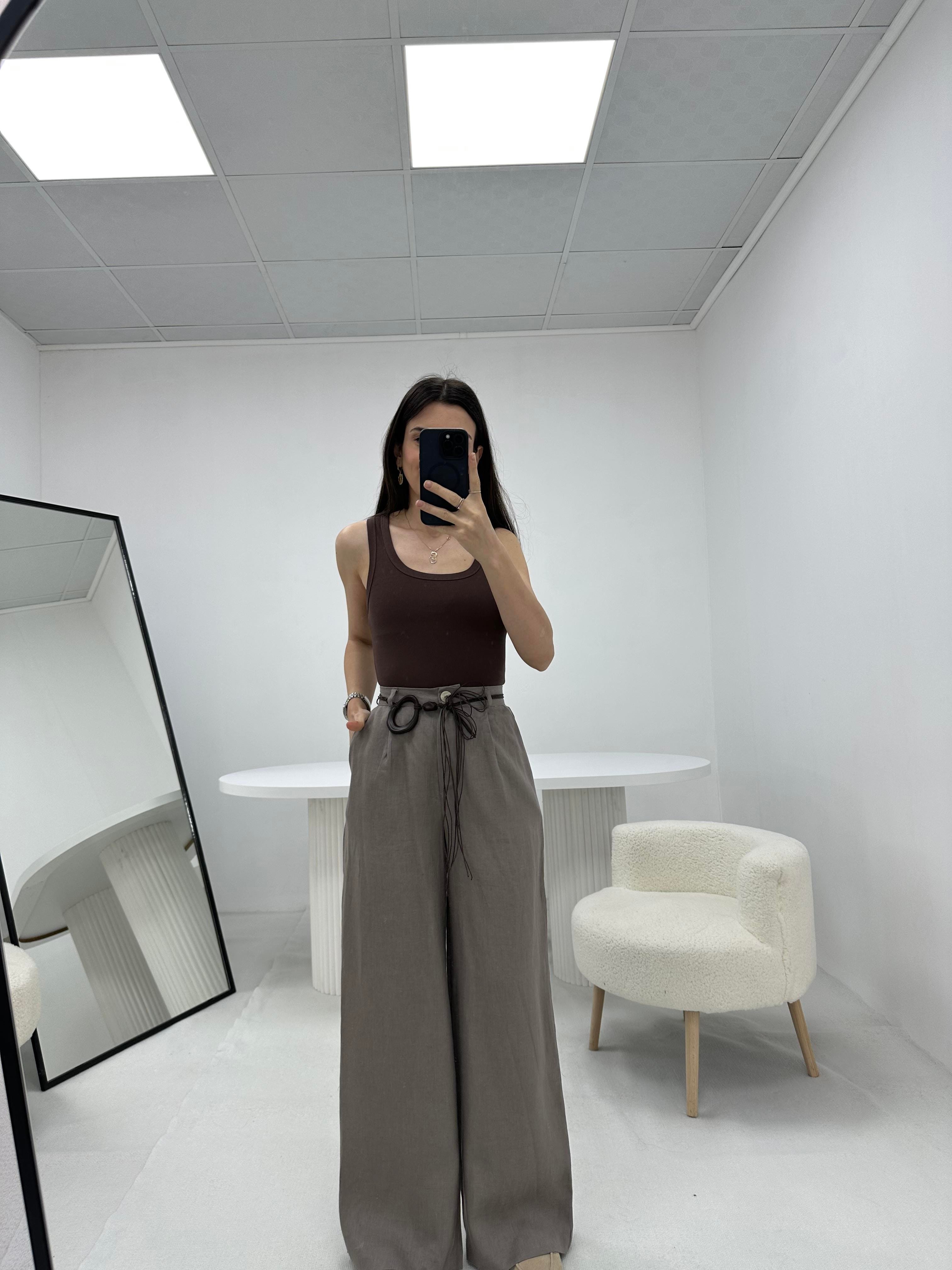 İp Detaylı Kemerli Keten Vizon Pantolon 