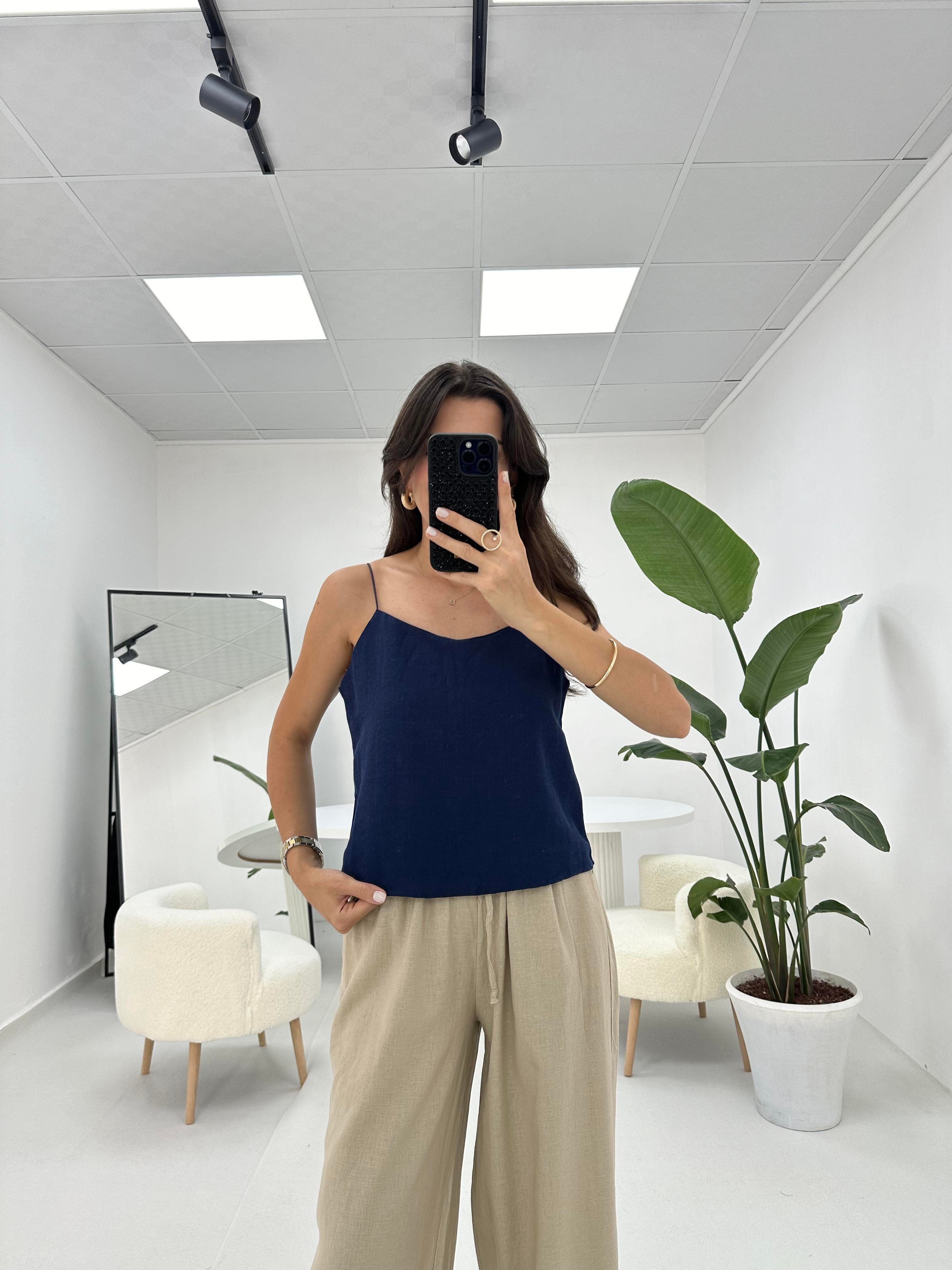 İpleri Askılı Lacivert Keten Dokulu Bluz 