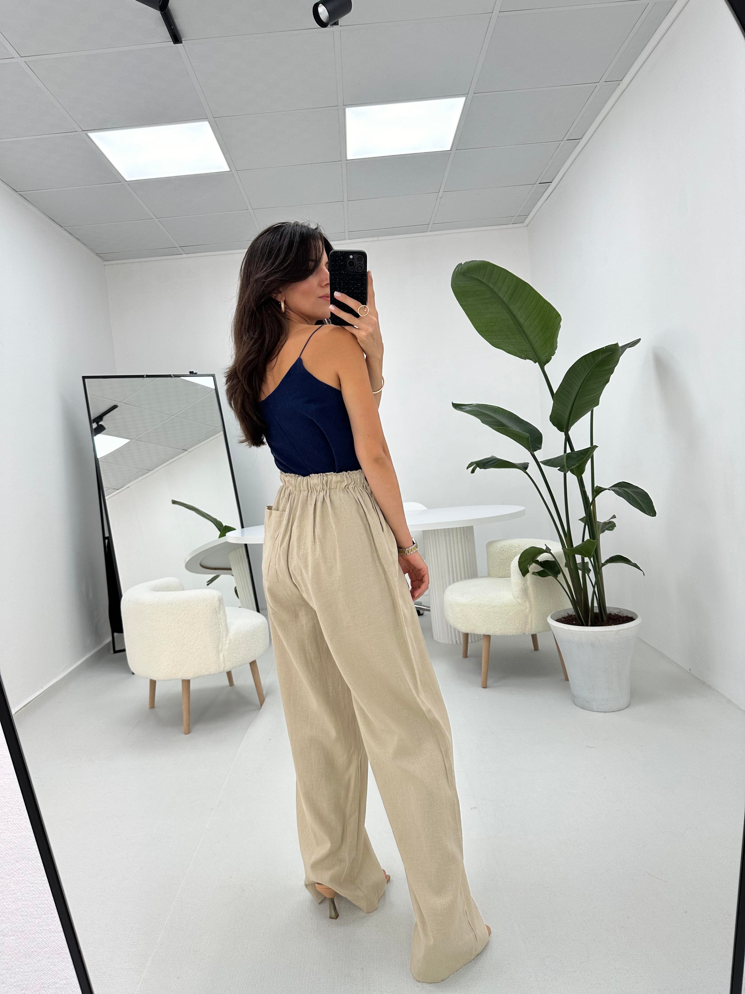 İpleri Askılı Lacivert Keten Dokulu Bluz 