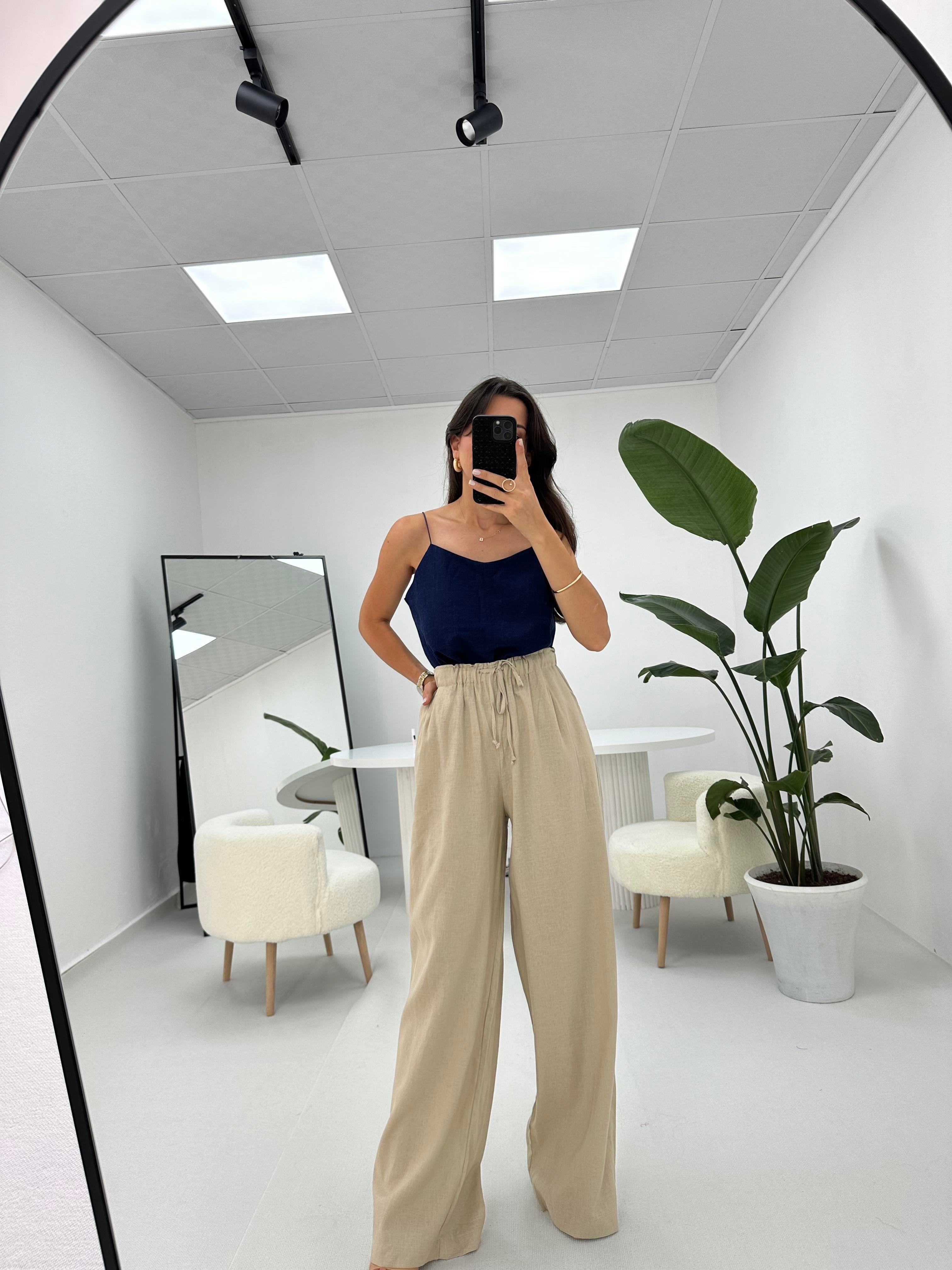 İpleri Askılı Lacivert Keten Dokulu Bluz 