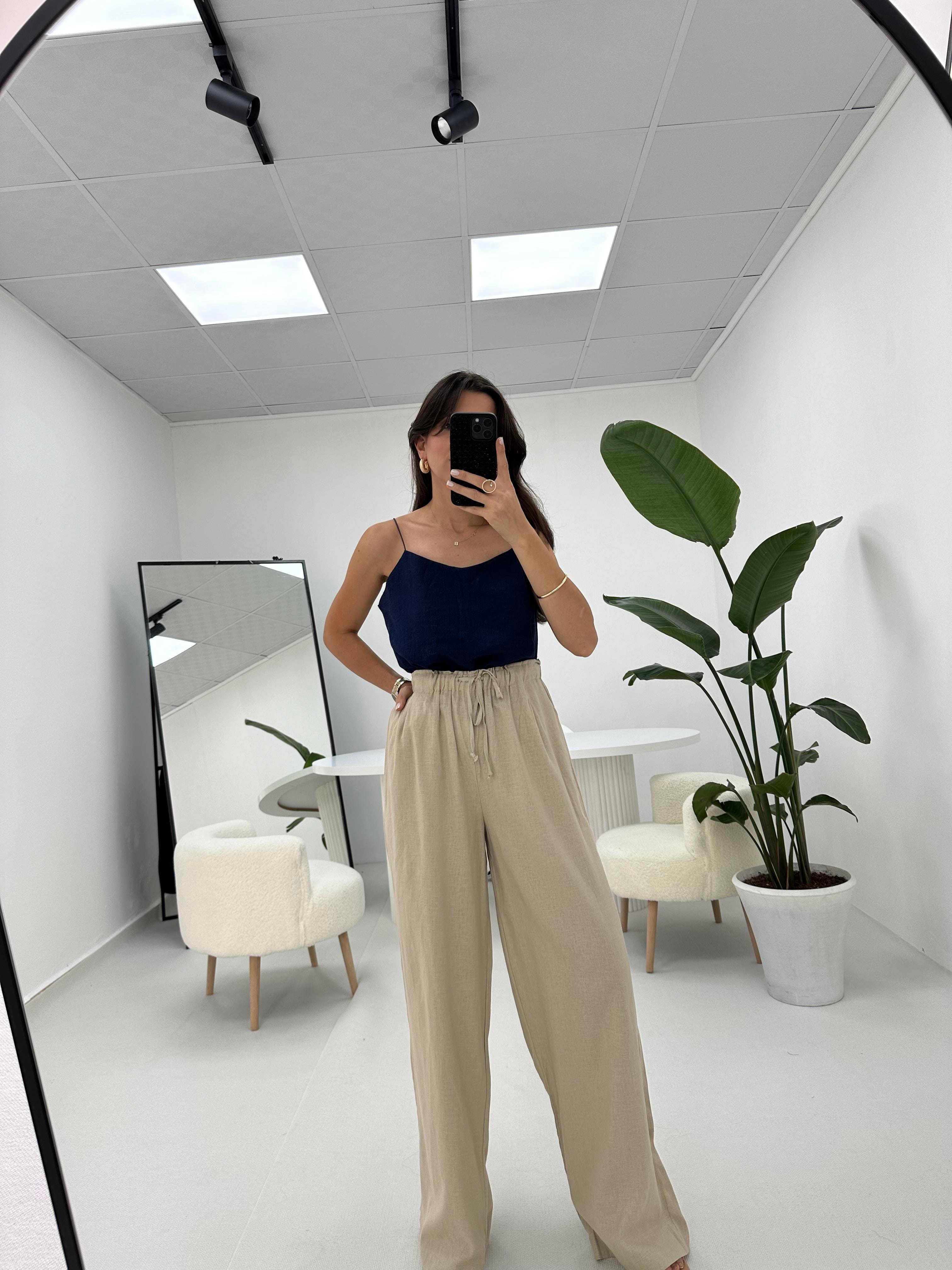 İpleri Askılı Lacivert Keten Dokulu Bluz 