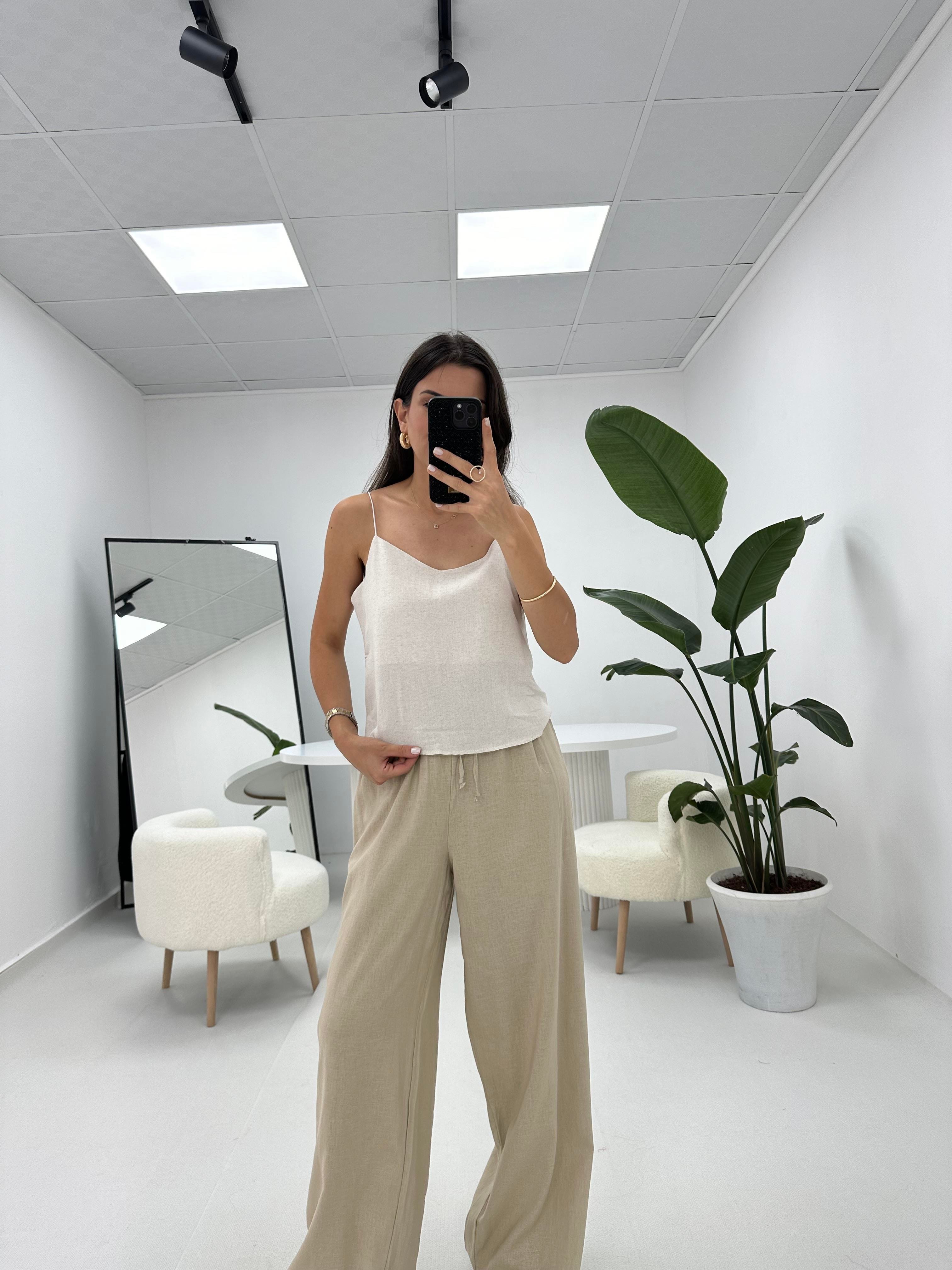 İpleri Askılı Taş Keten Dokulu Bluz 