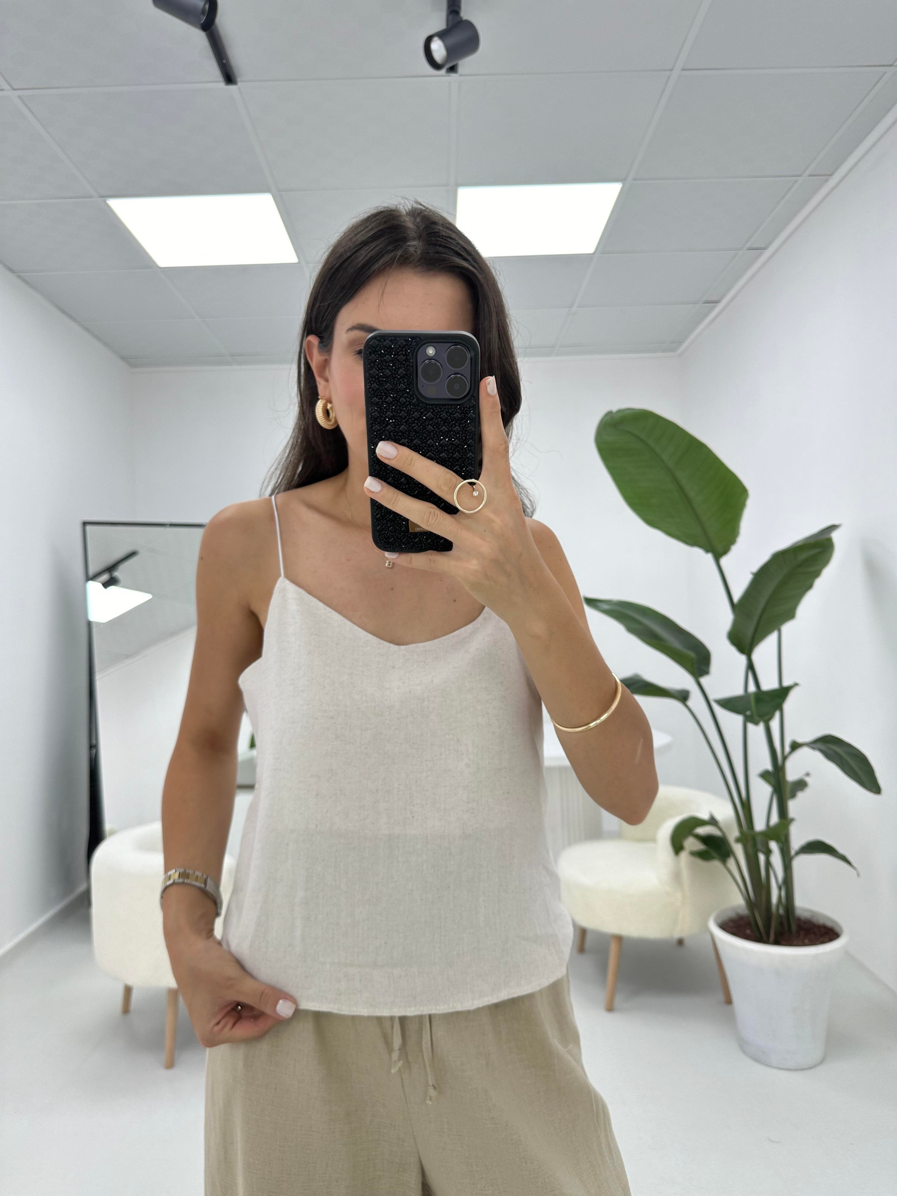 İpleri Askılı Taş Keten Dokulu Bluz 