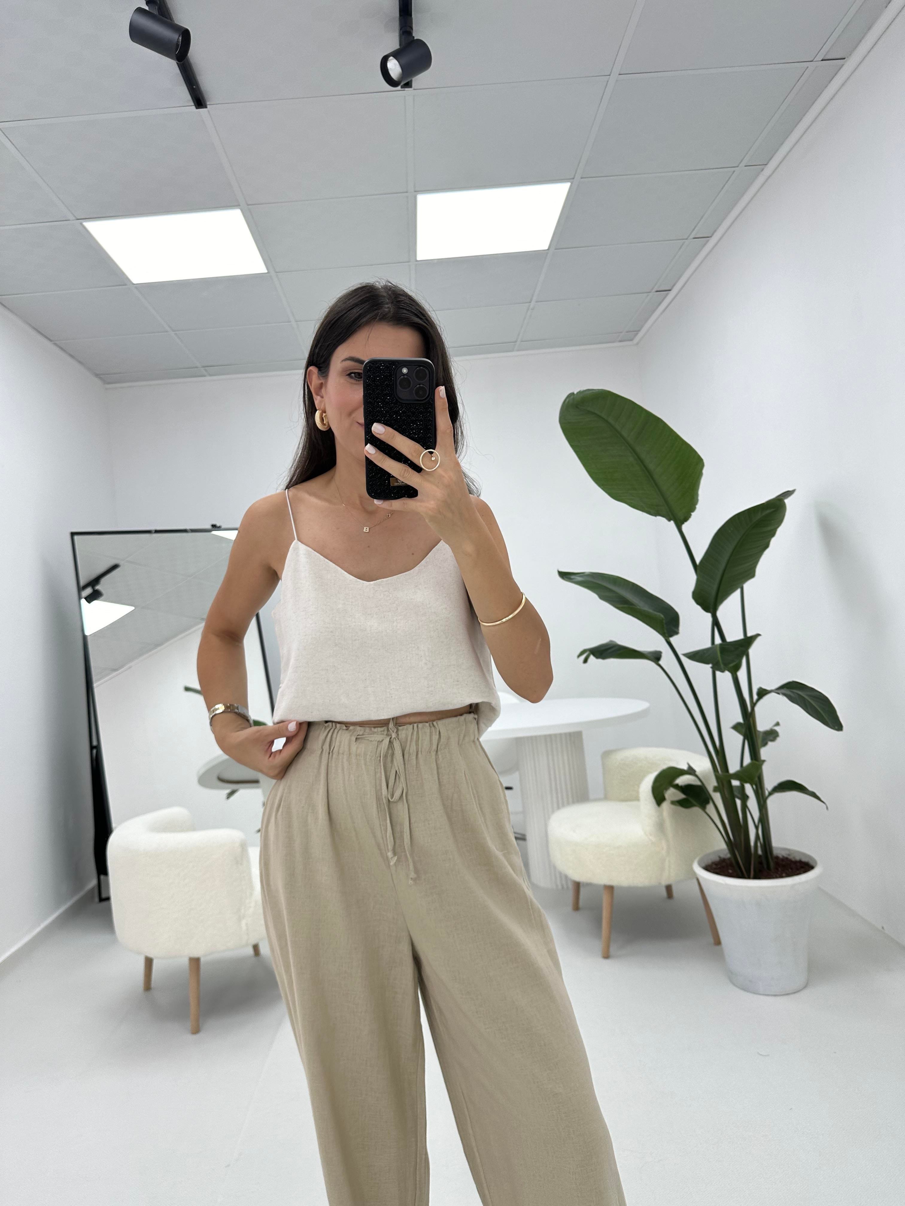 İpleri Askılı Taş Keten Dokulu Bluz 