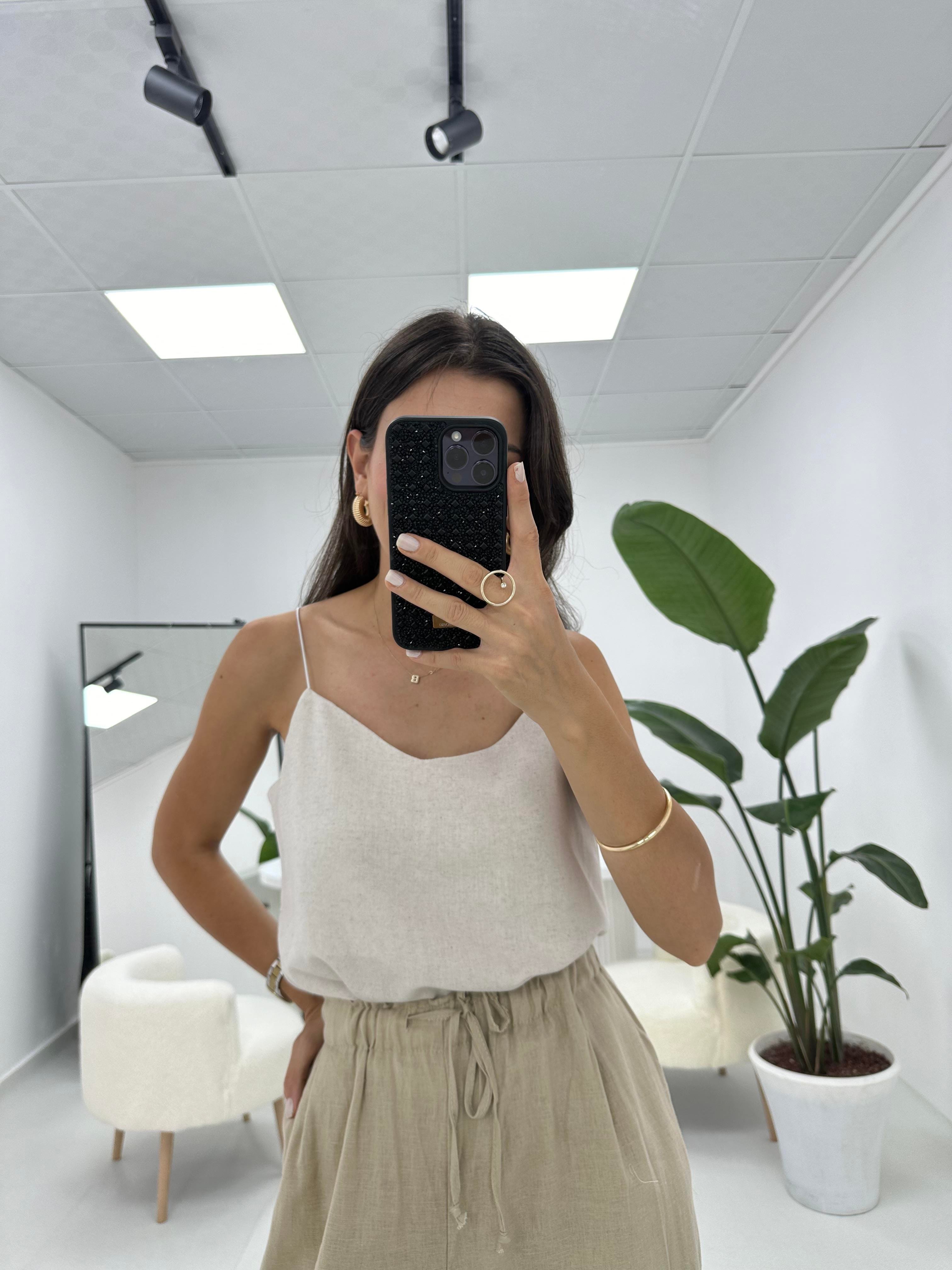 İpleri Askılı Taş Keten Dokulu Bluz 