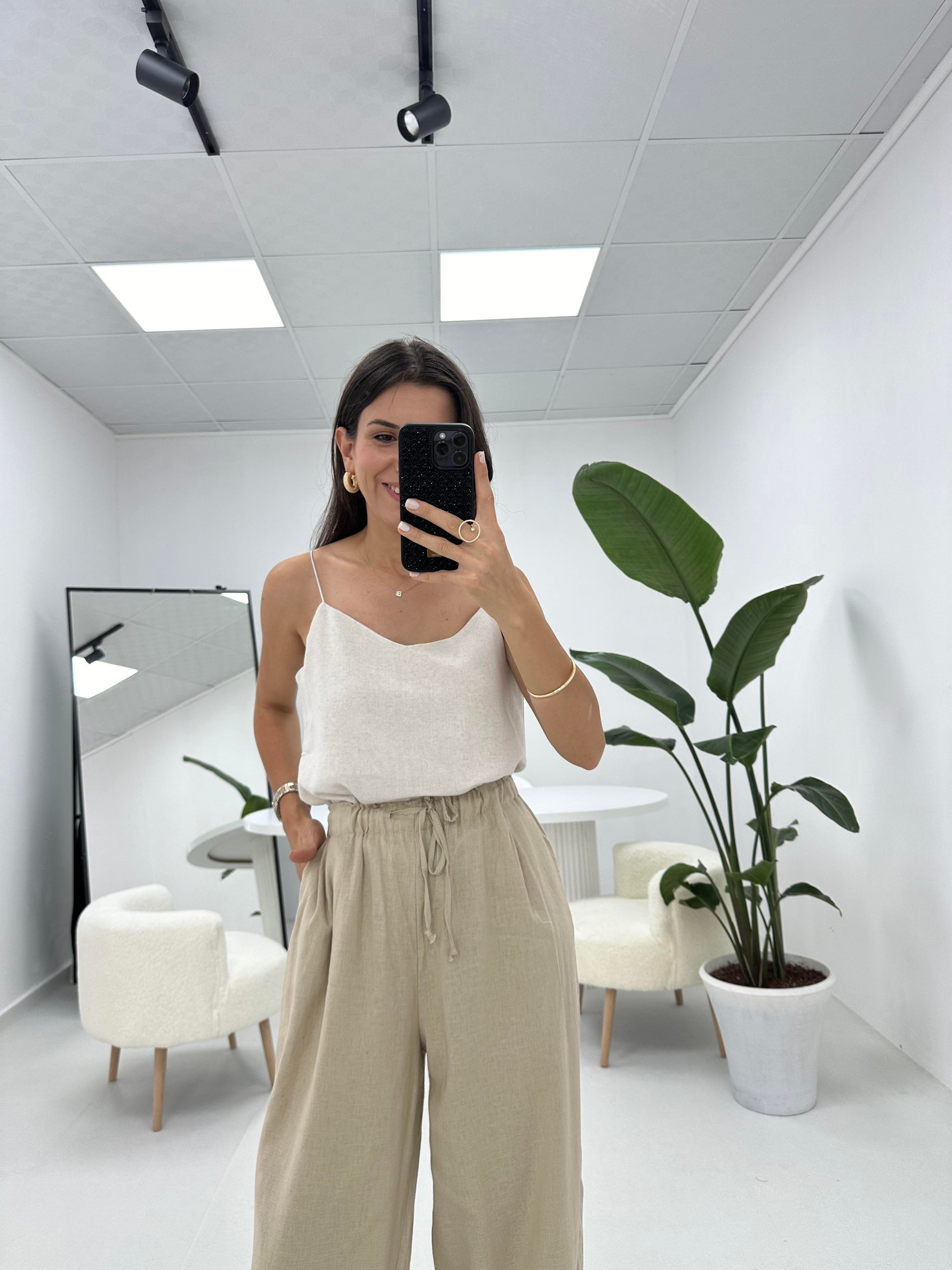 İpleri Askılı Taş Keten Dokulu Bluz 