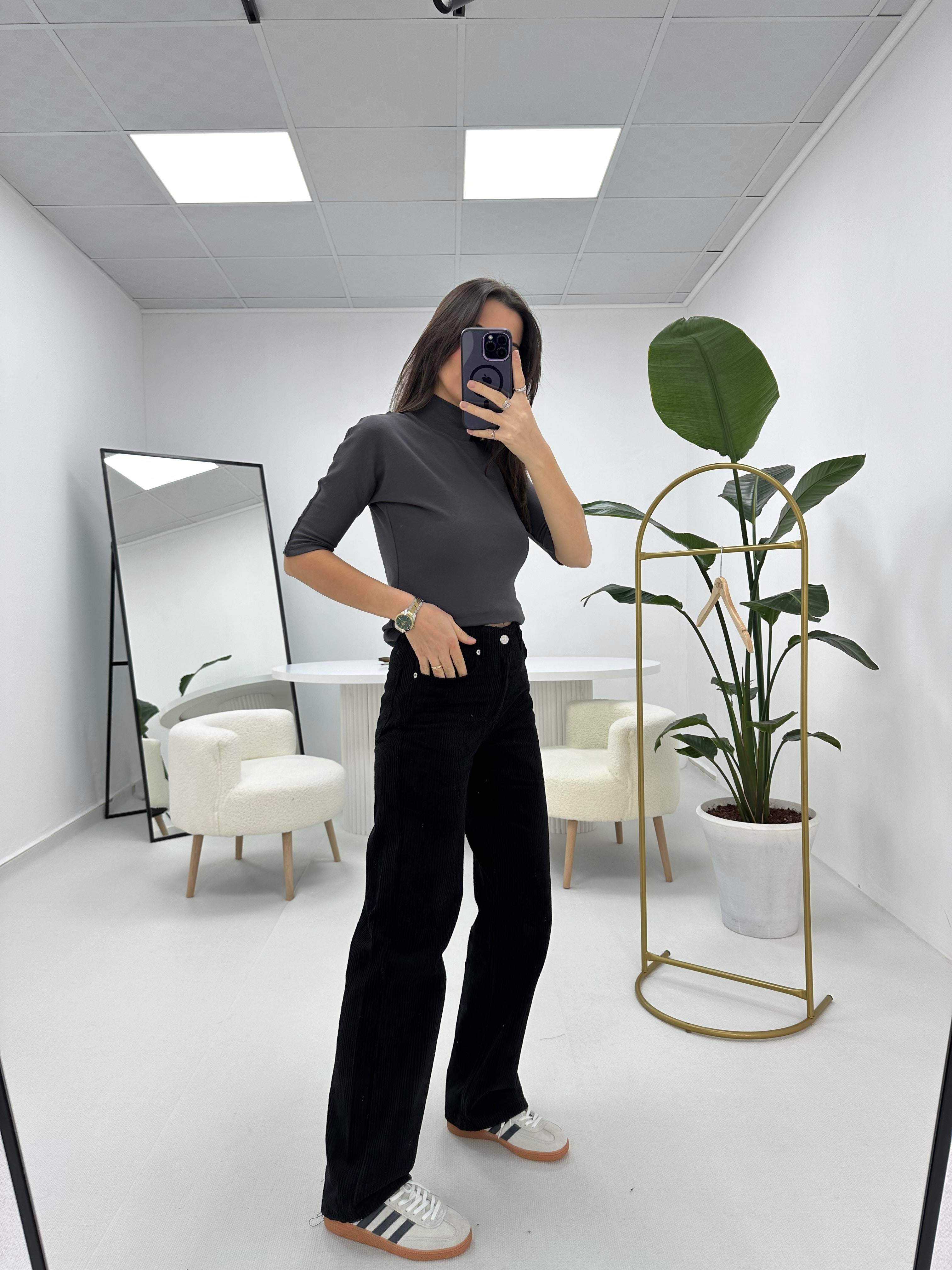 Kadife Yüksek Bel Siyah Pantolon