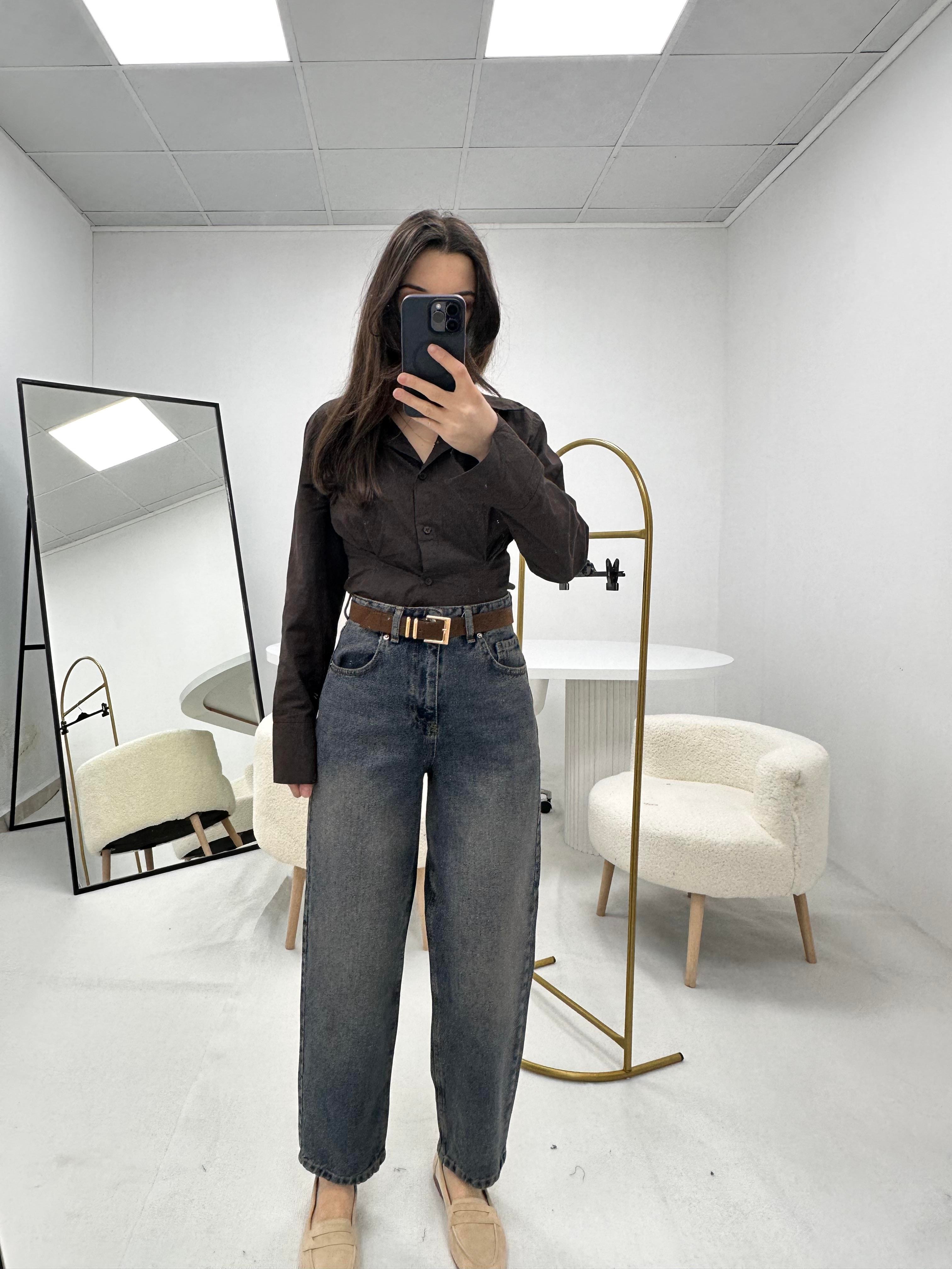 Kahverengi Geçişli Süet Kemerli Kot Pantolon 