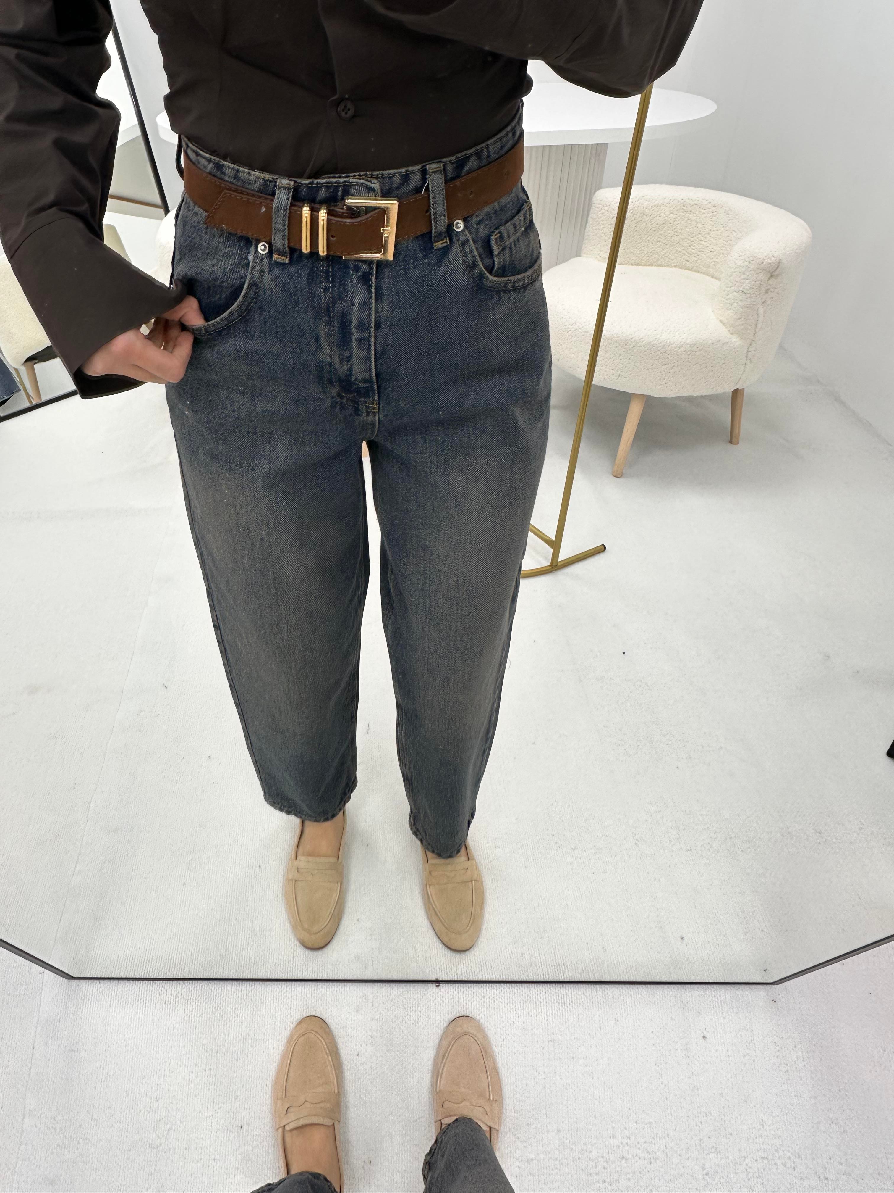 Kahverengi Geçişli Süet Kemerli Kot Pantolon 