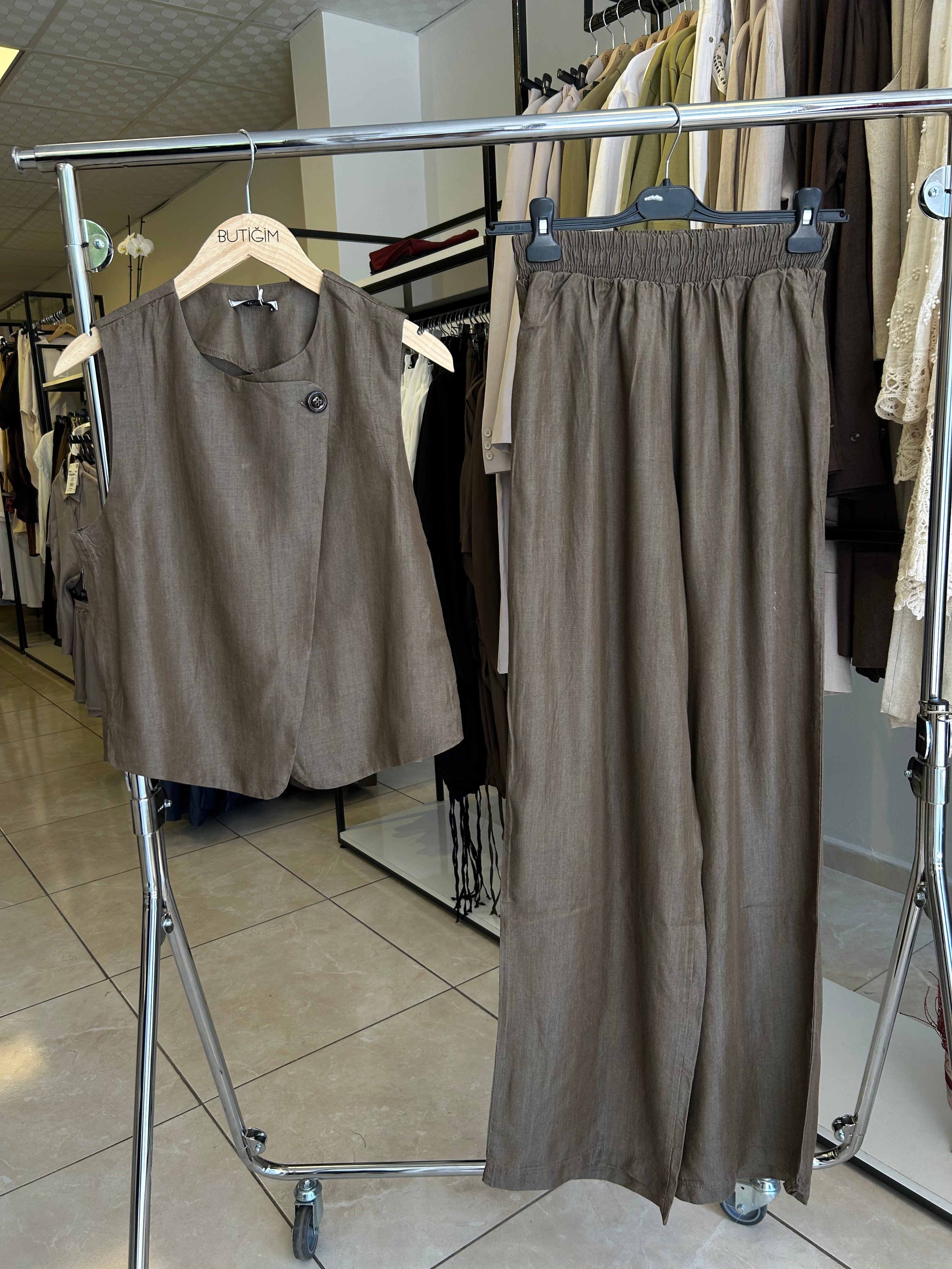 Kahverengi  Yelek Pantolon Denim Takım