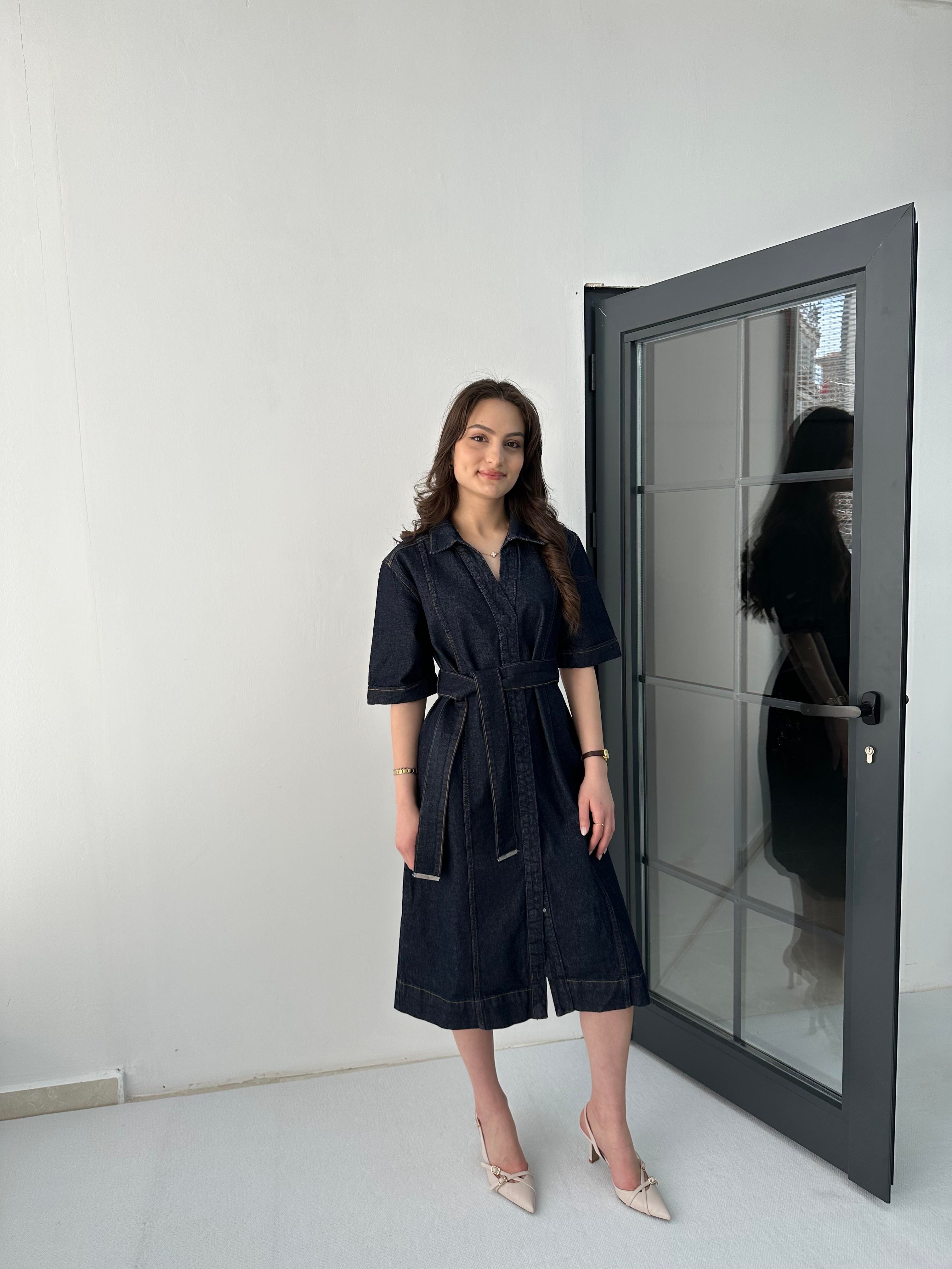 Kemerli Denim Elbise
