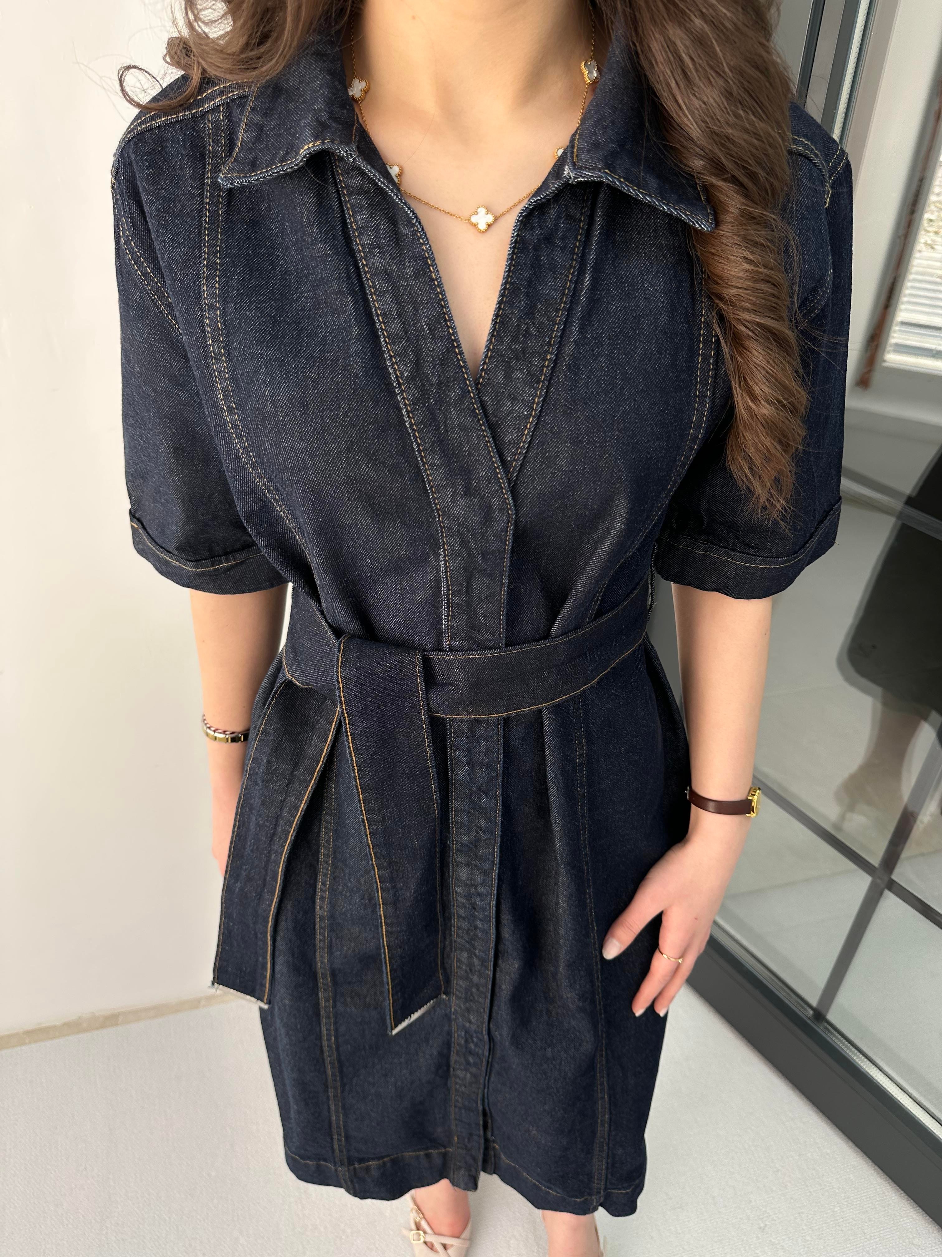 Kemerli Denim Elbise