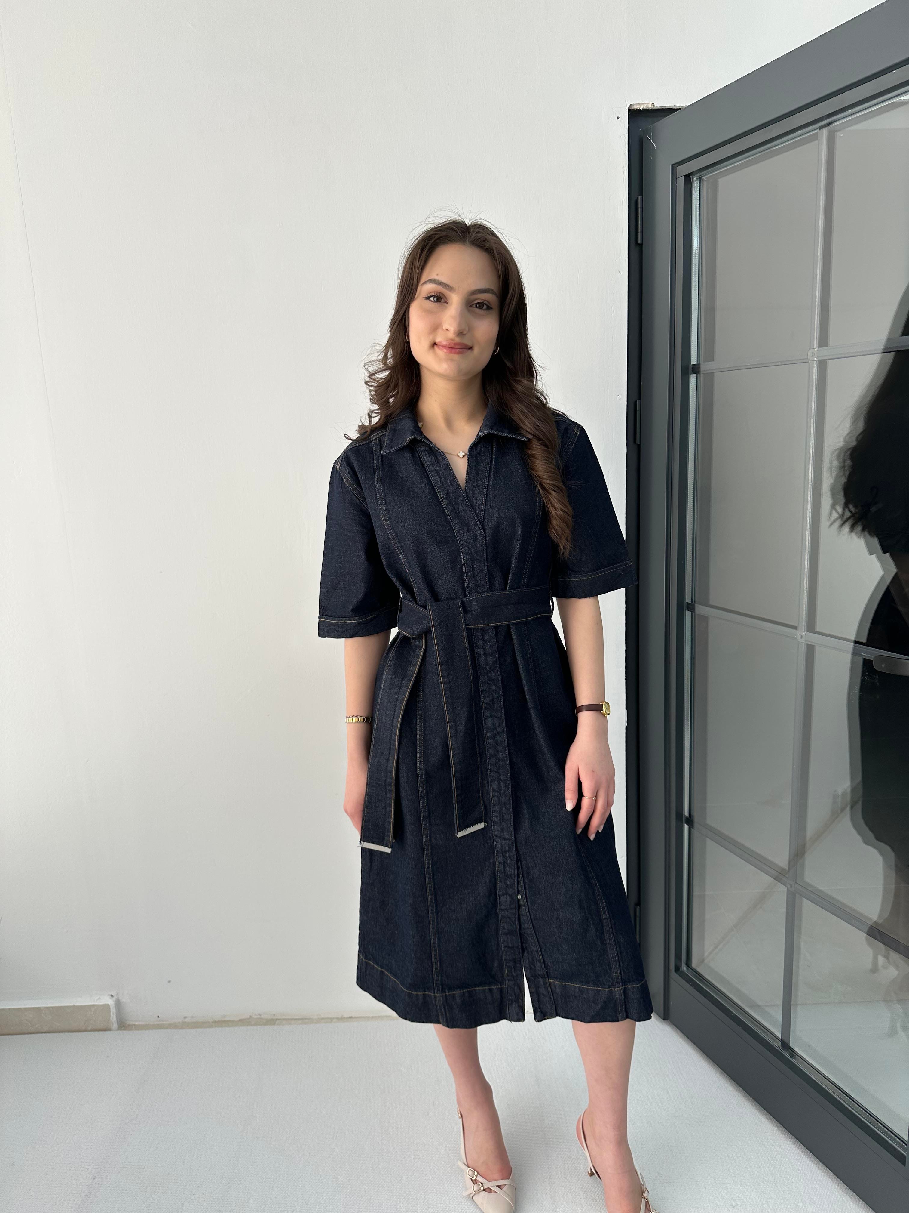 Kemerli Denim Elbise
