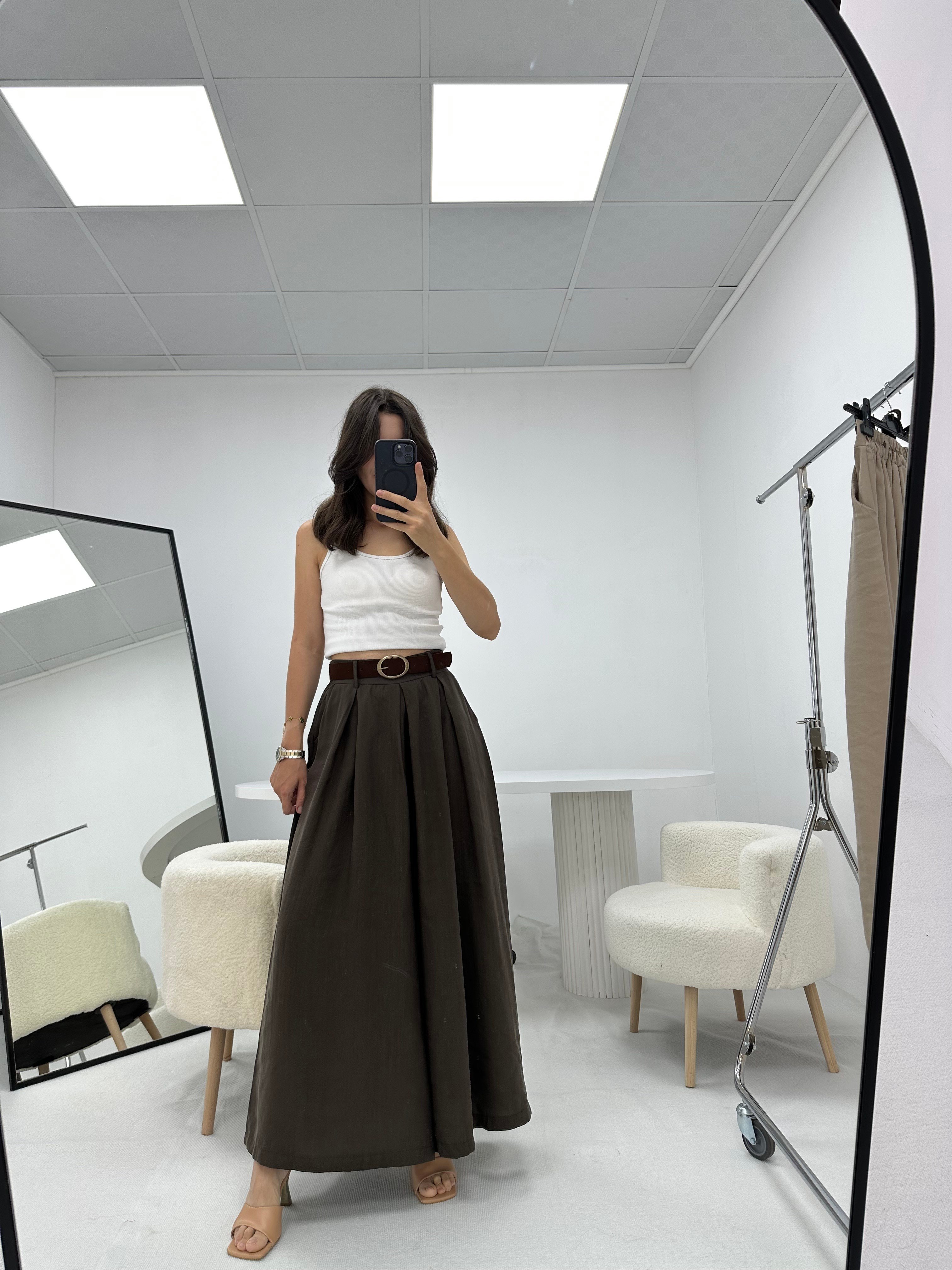 Kemerli Koyu Kahverengi   Etek Pantolon 