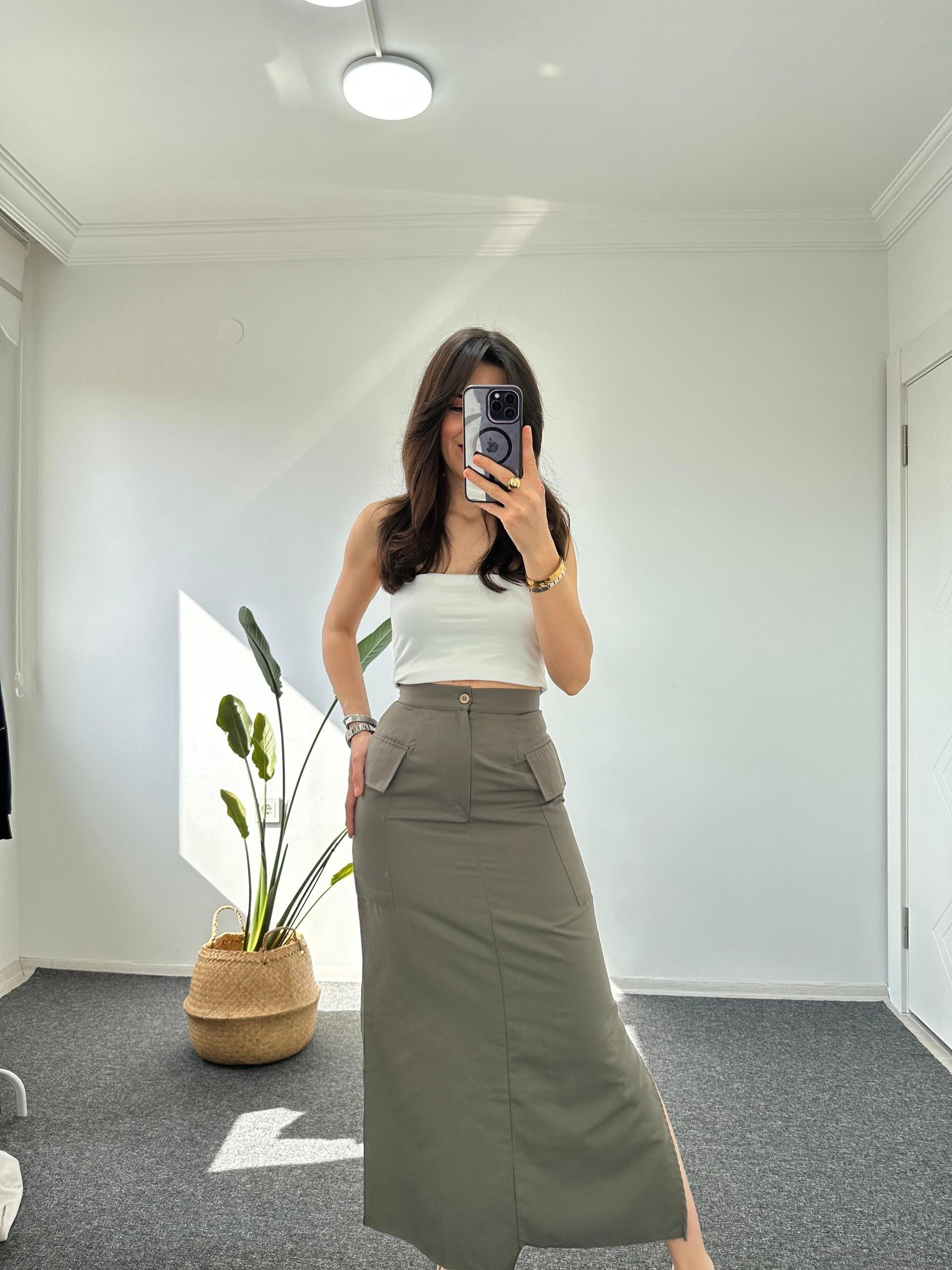 KESİK DETAYLI YIRTMAÇLI ETEK