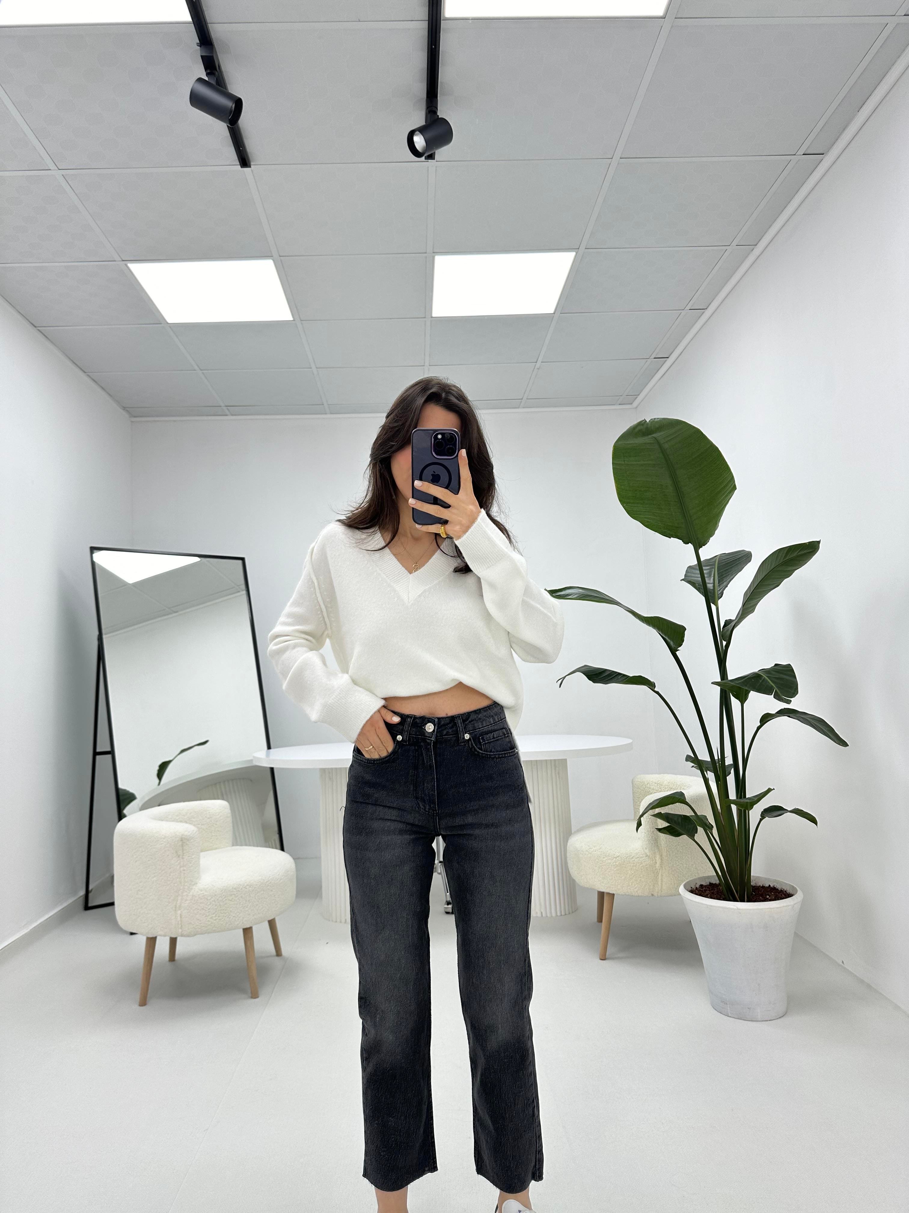Kesik Paça Boyfit Füme Jean 