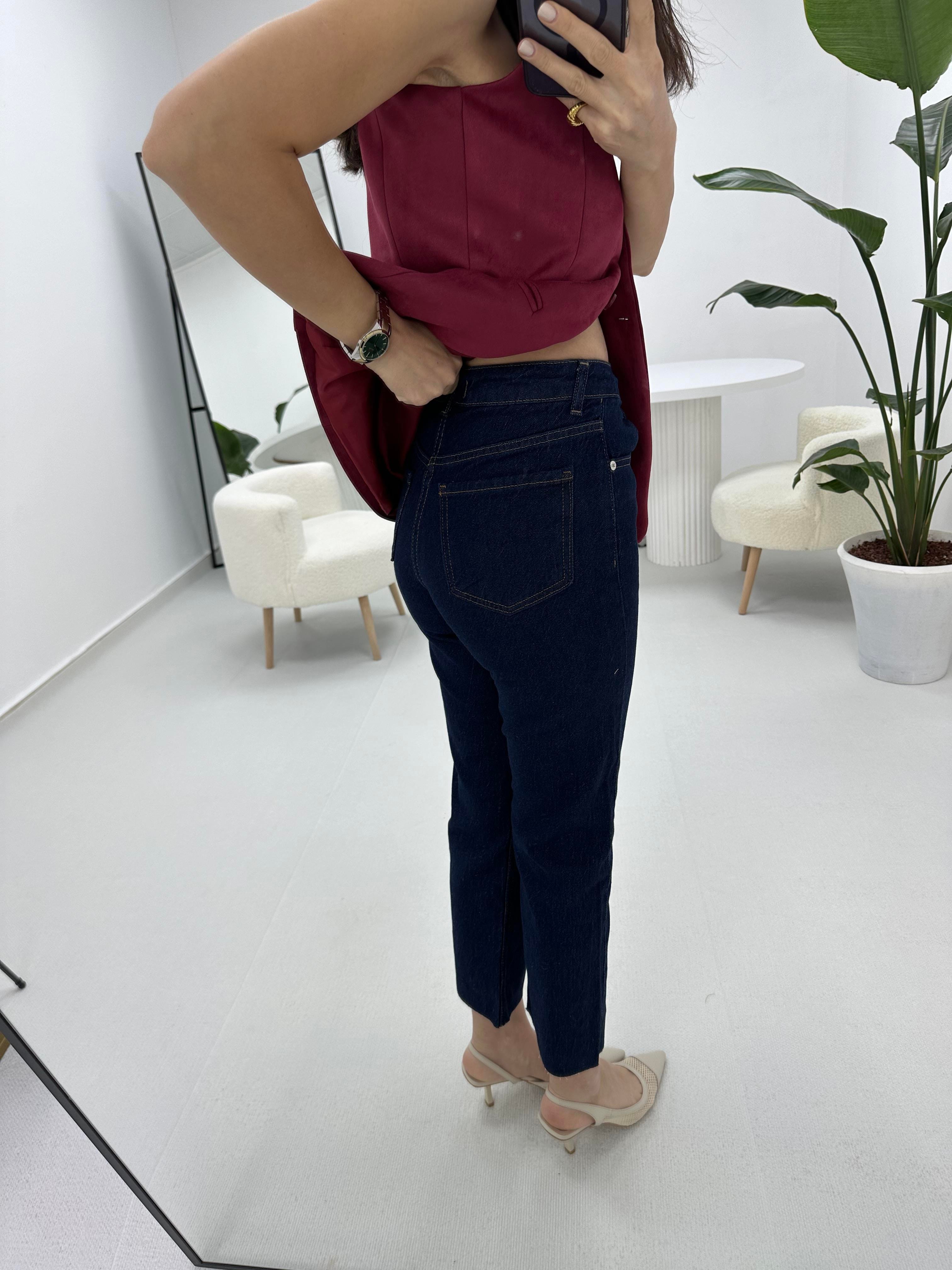 Kesik Paça Boyfit Lacivert Jean 