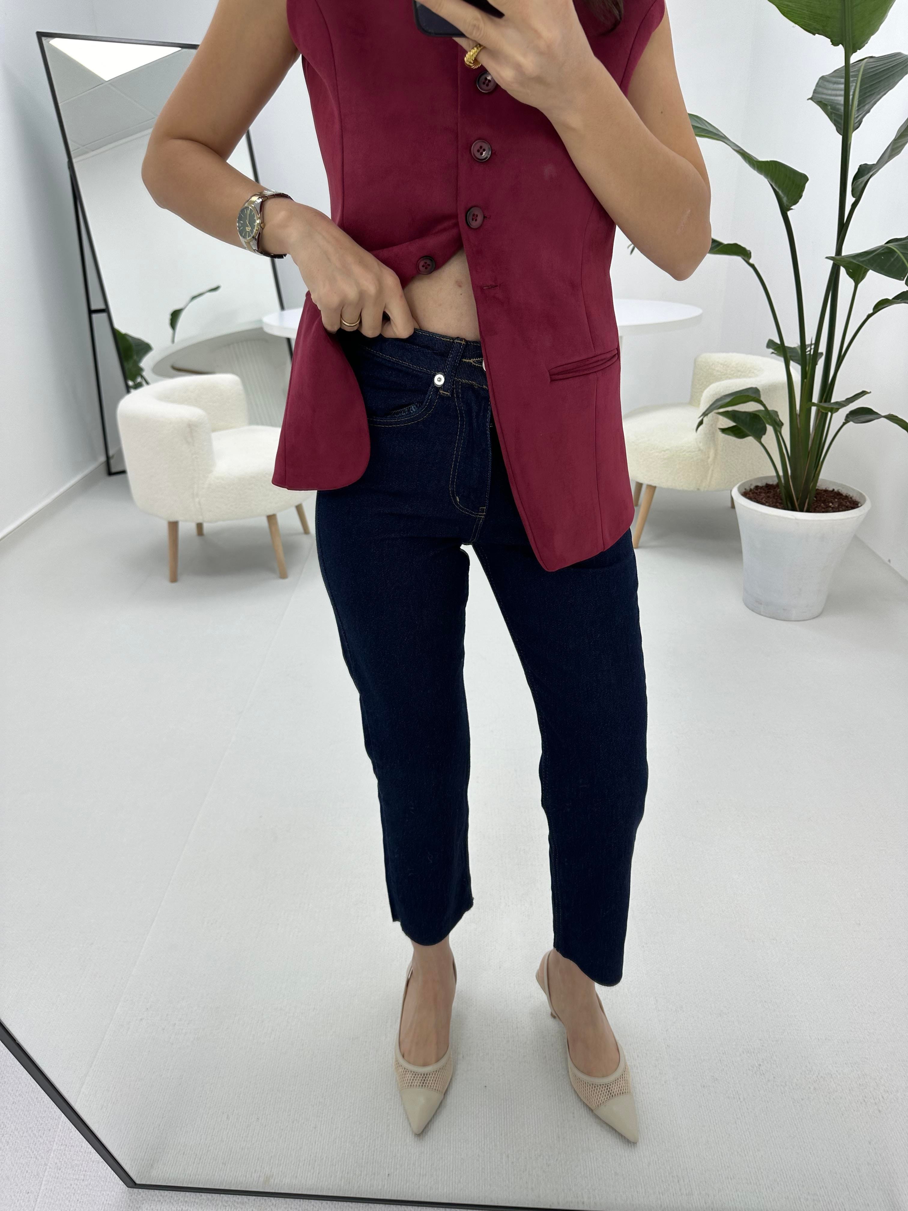 Kesik Paça Boyfit Lacivert Jean 