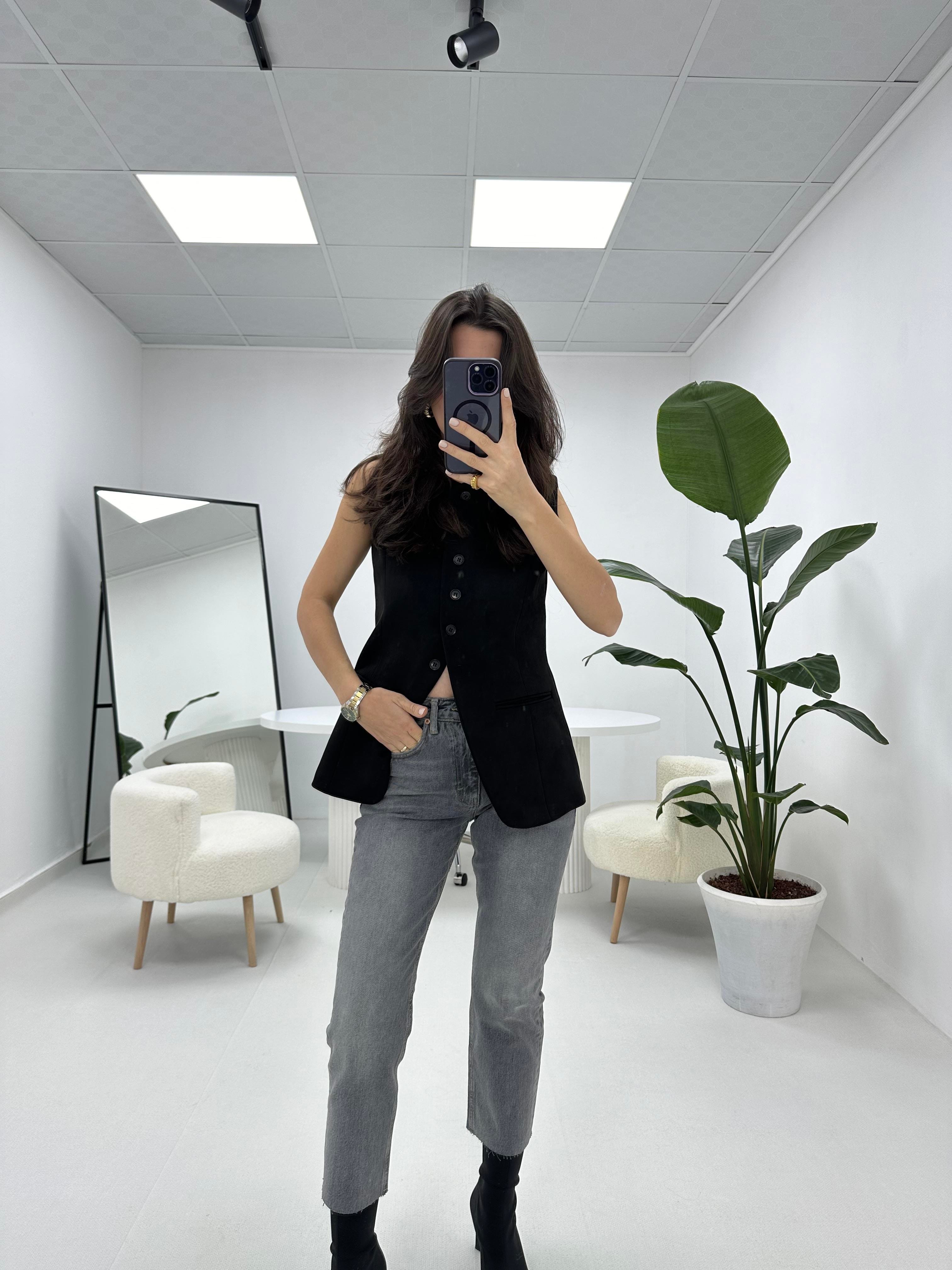 Kesik Paça Gri Boyfit Jean Pantolon