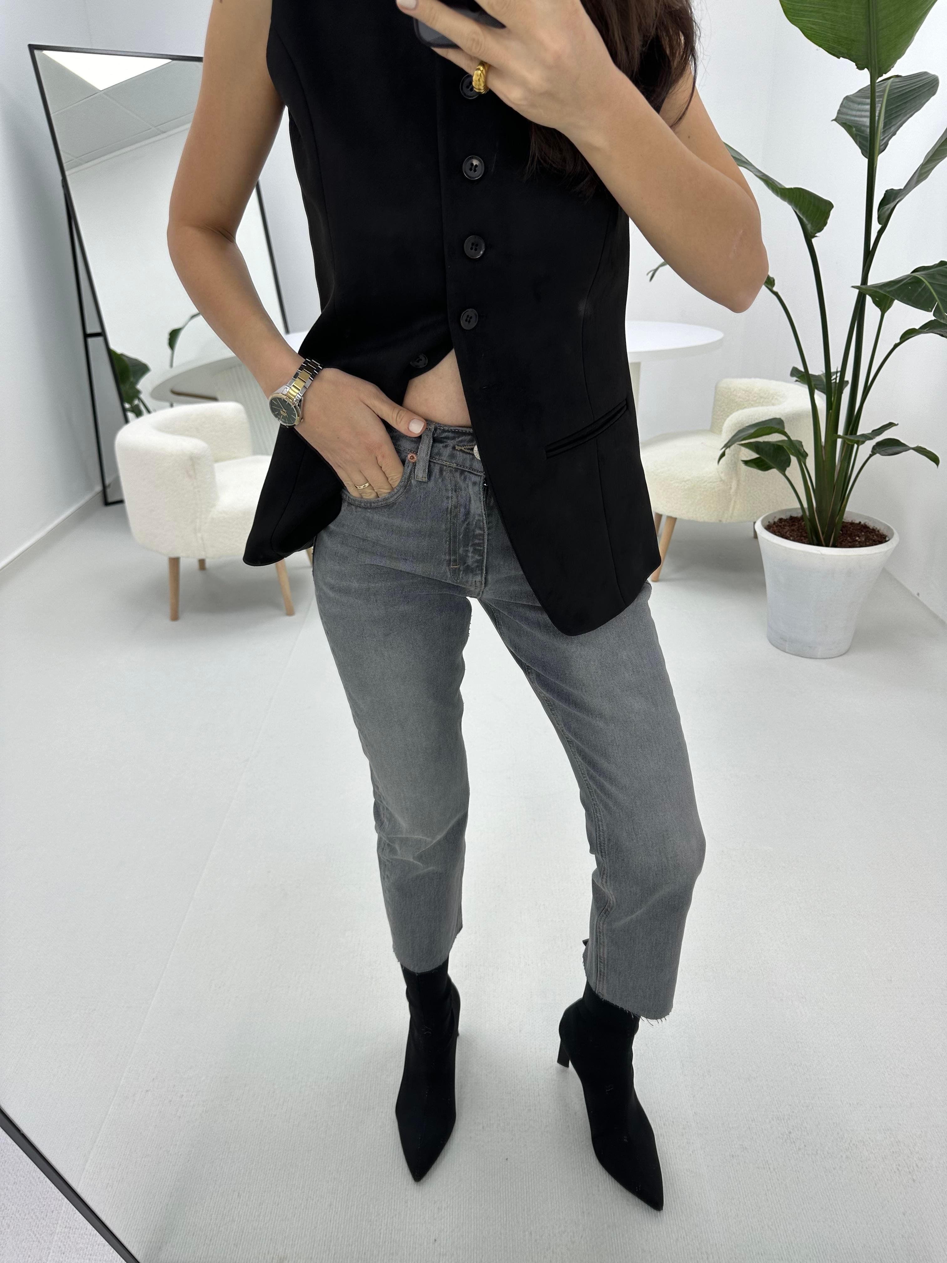 Kesik Paça Gri Boyfit Jean Pantolon