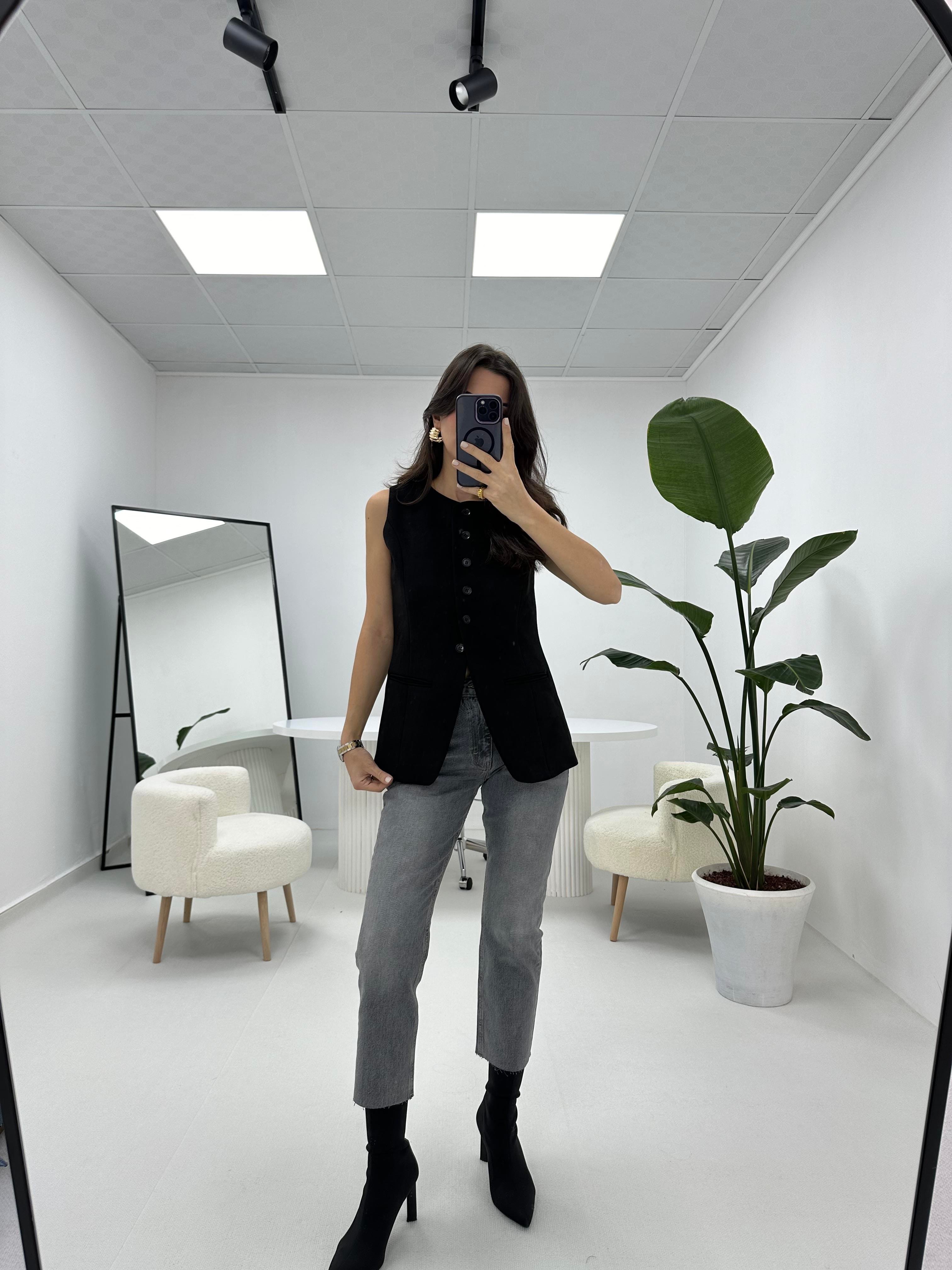 Kesik Paça Gri Boyfit Jean Pantolon