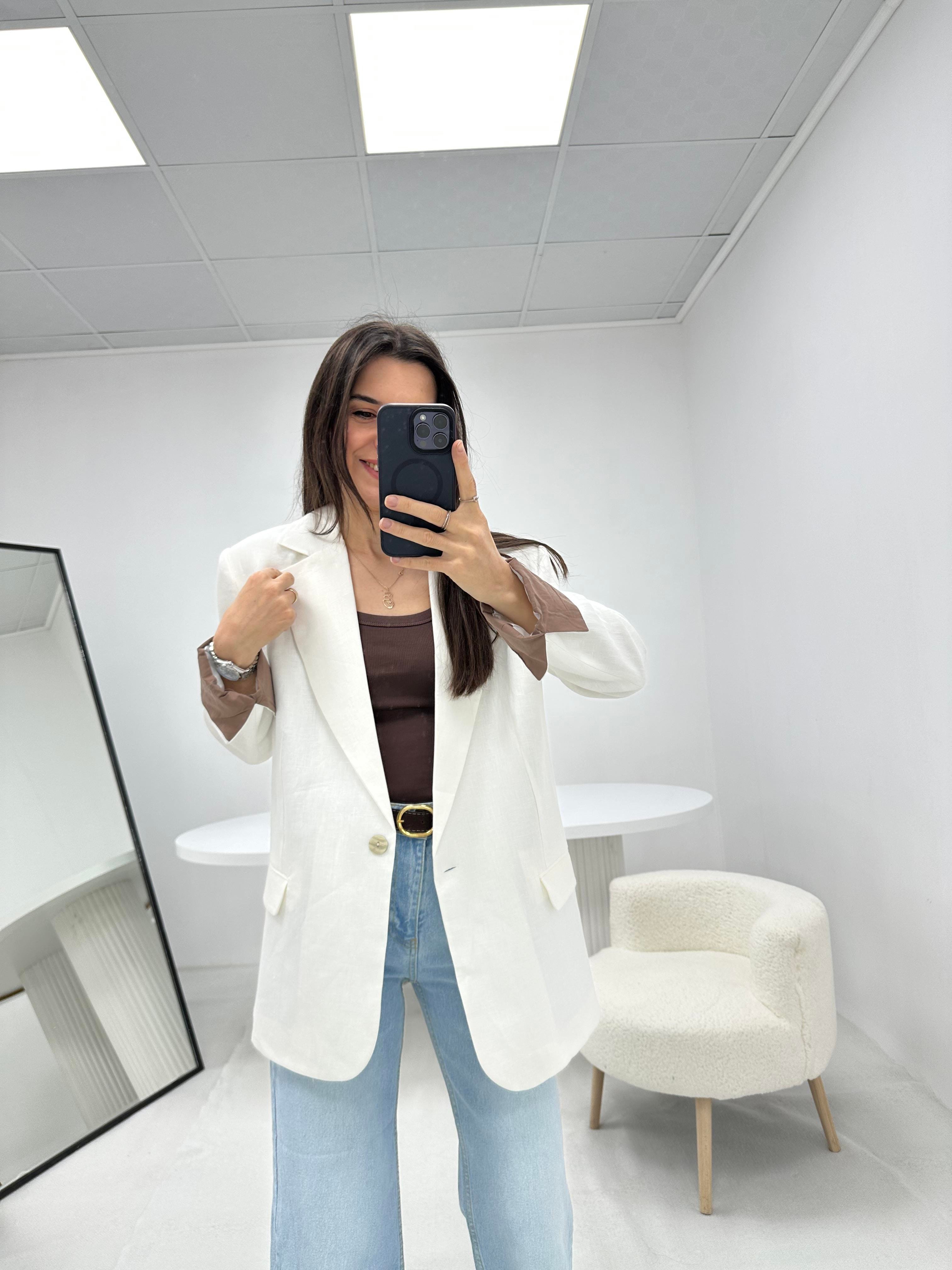 Keten Beyaz  Blazer Ceket 