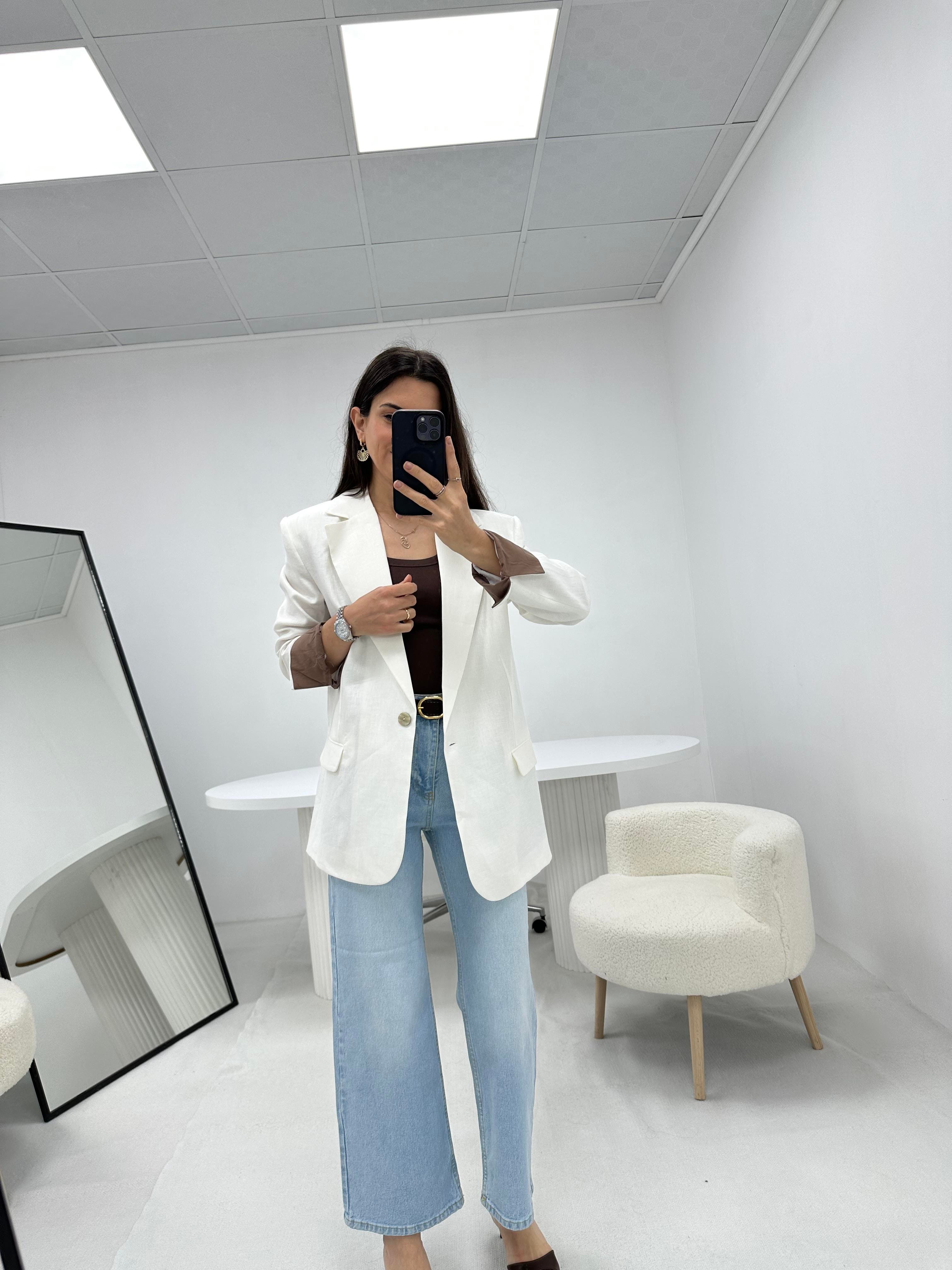 Keten Beyaz  Blazer Ceket 