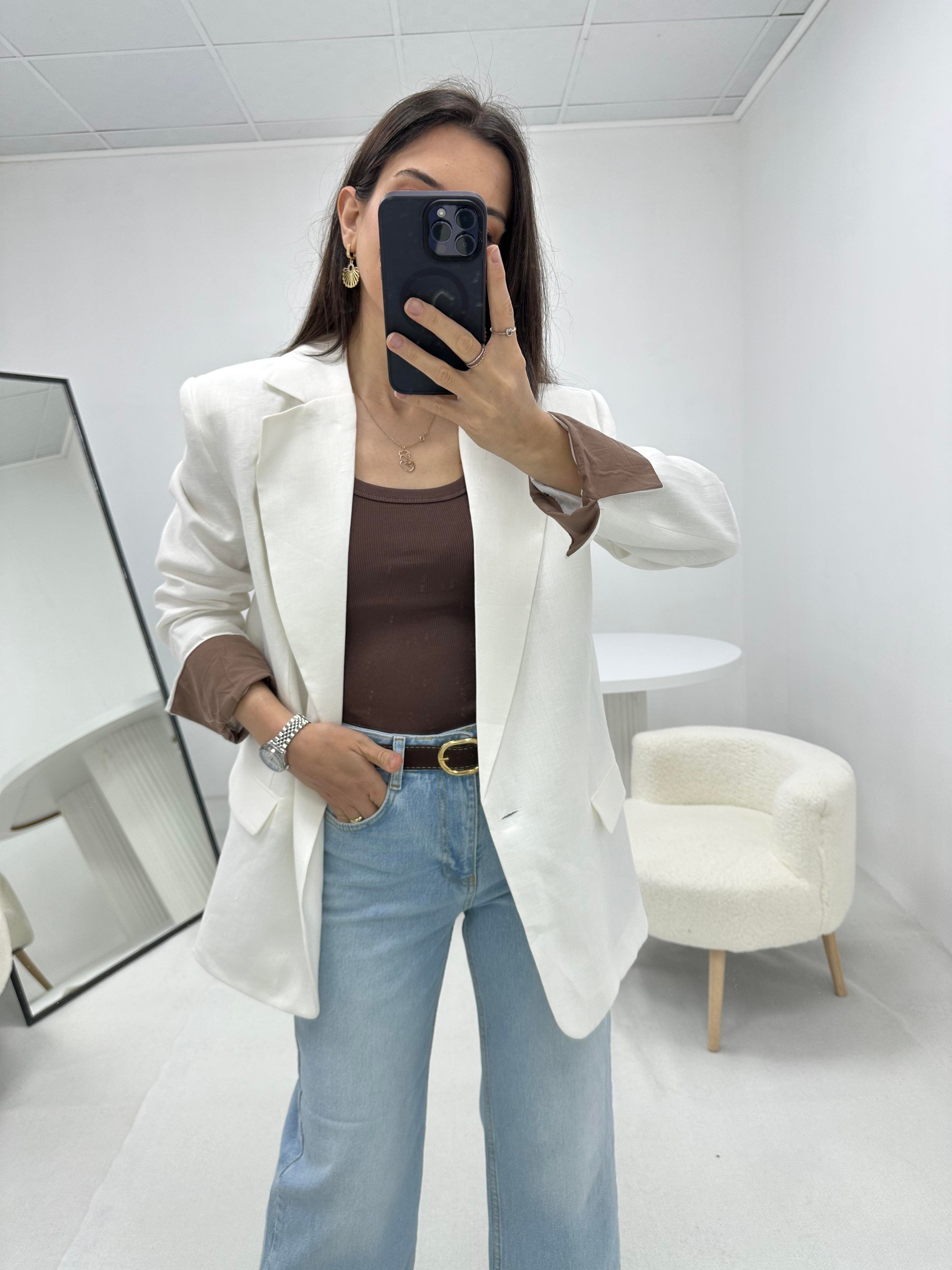 Keten Beyaz  Blazer Ceket 