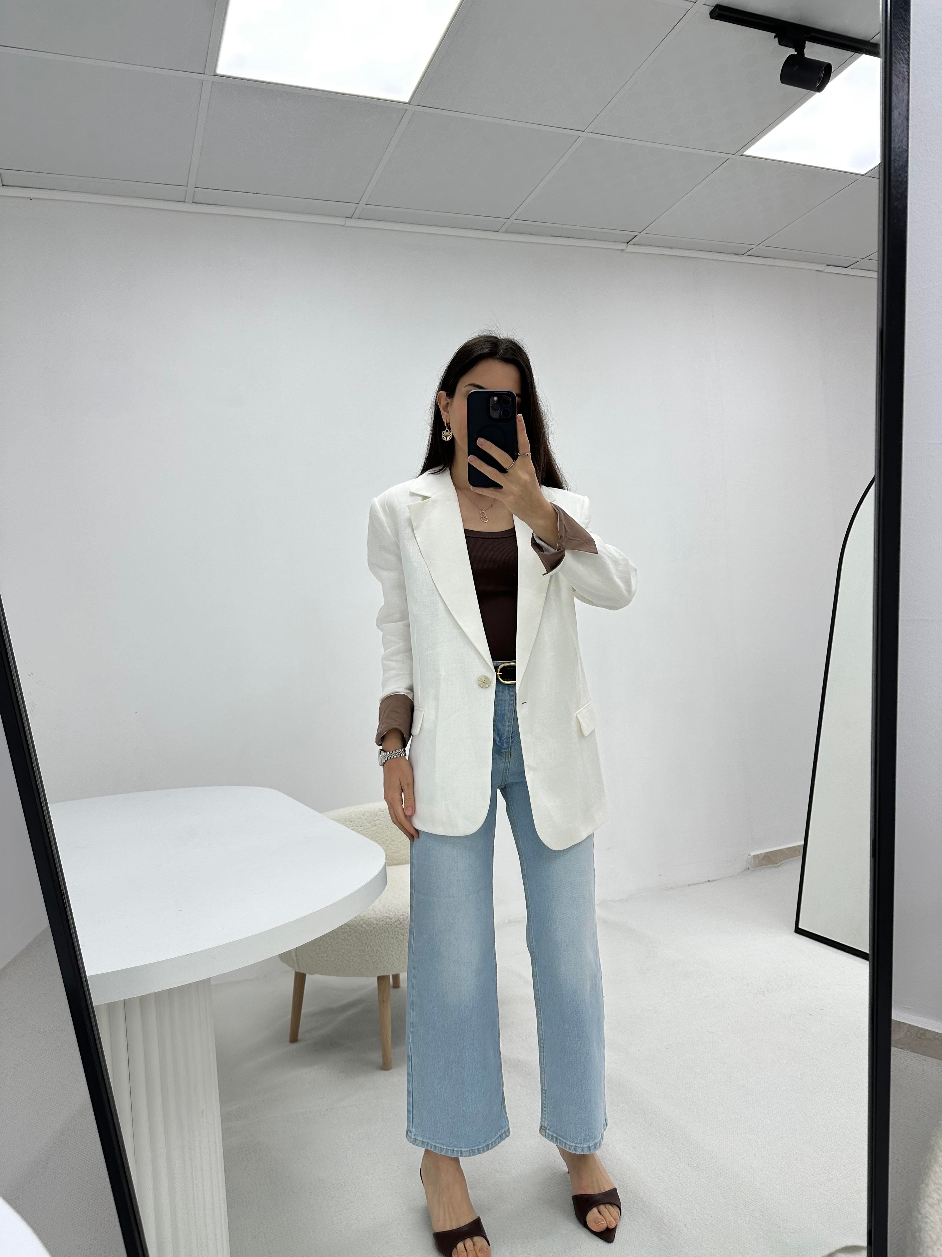 Keten Beyaz  Blazer Ceket 