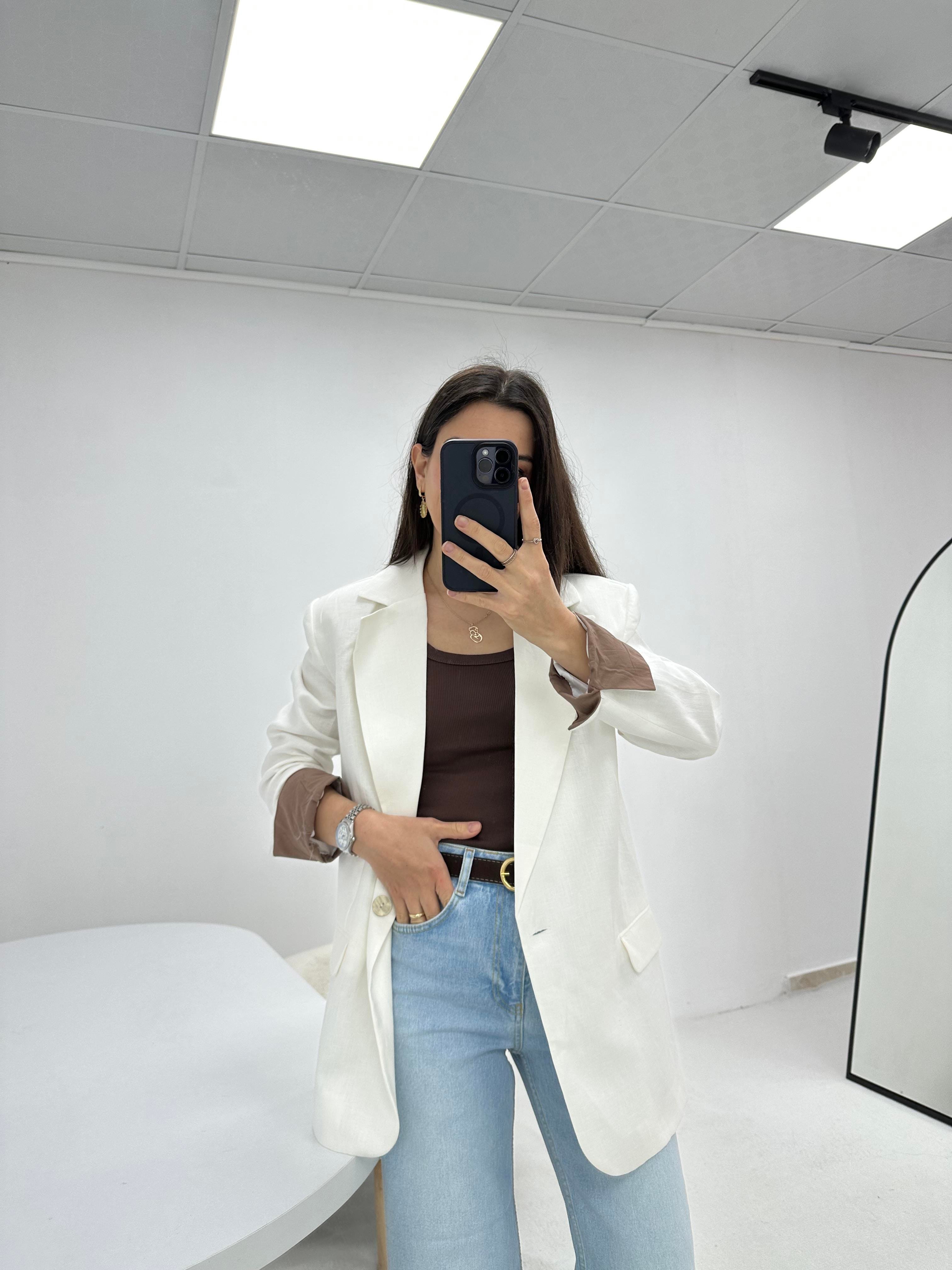Keten Beyaz  Blazer Ceket 