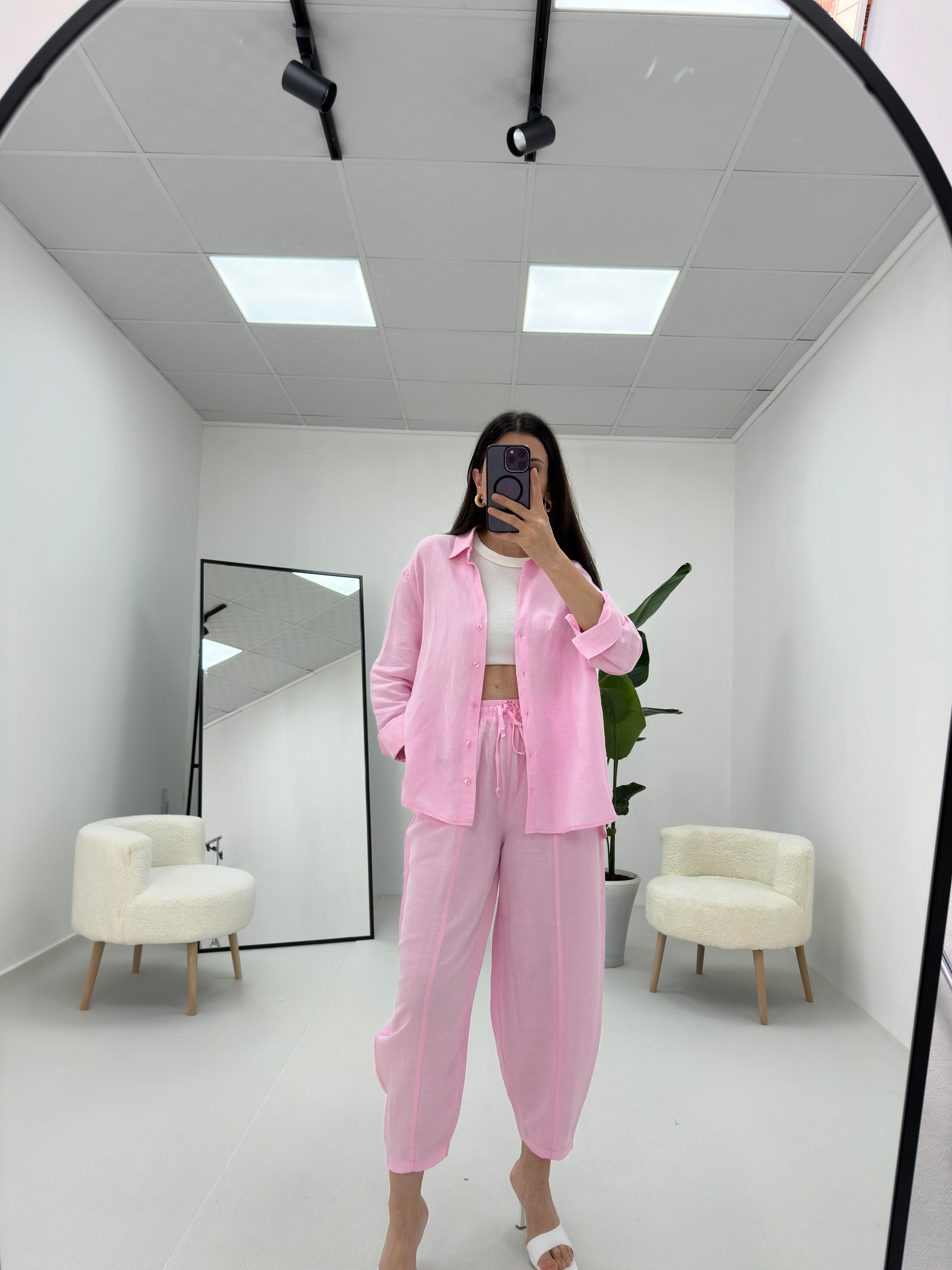 Keten Şalvar Takım Pembe 