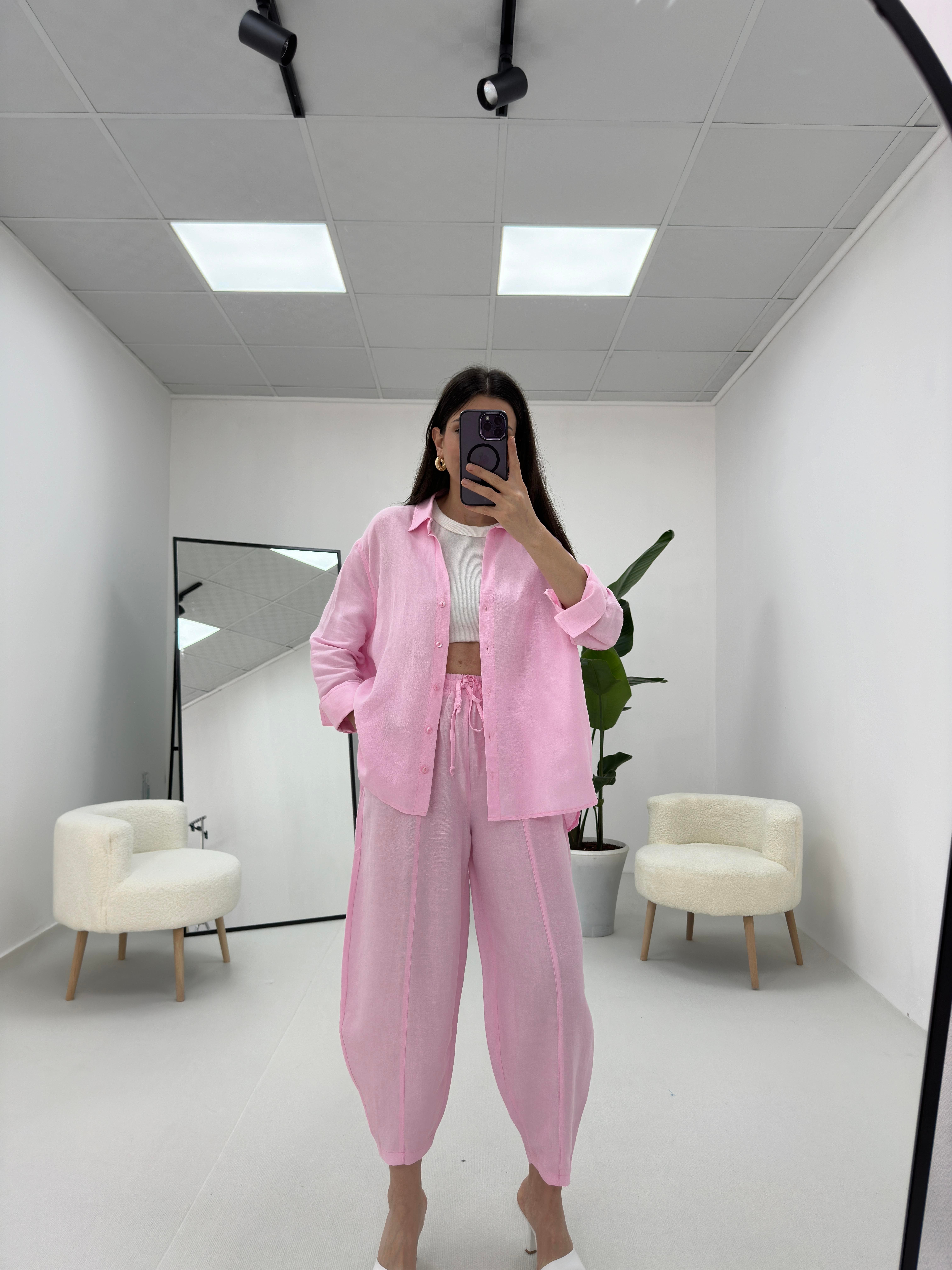 Keten Şalvar Takım Pembe 