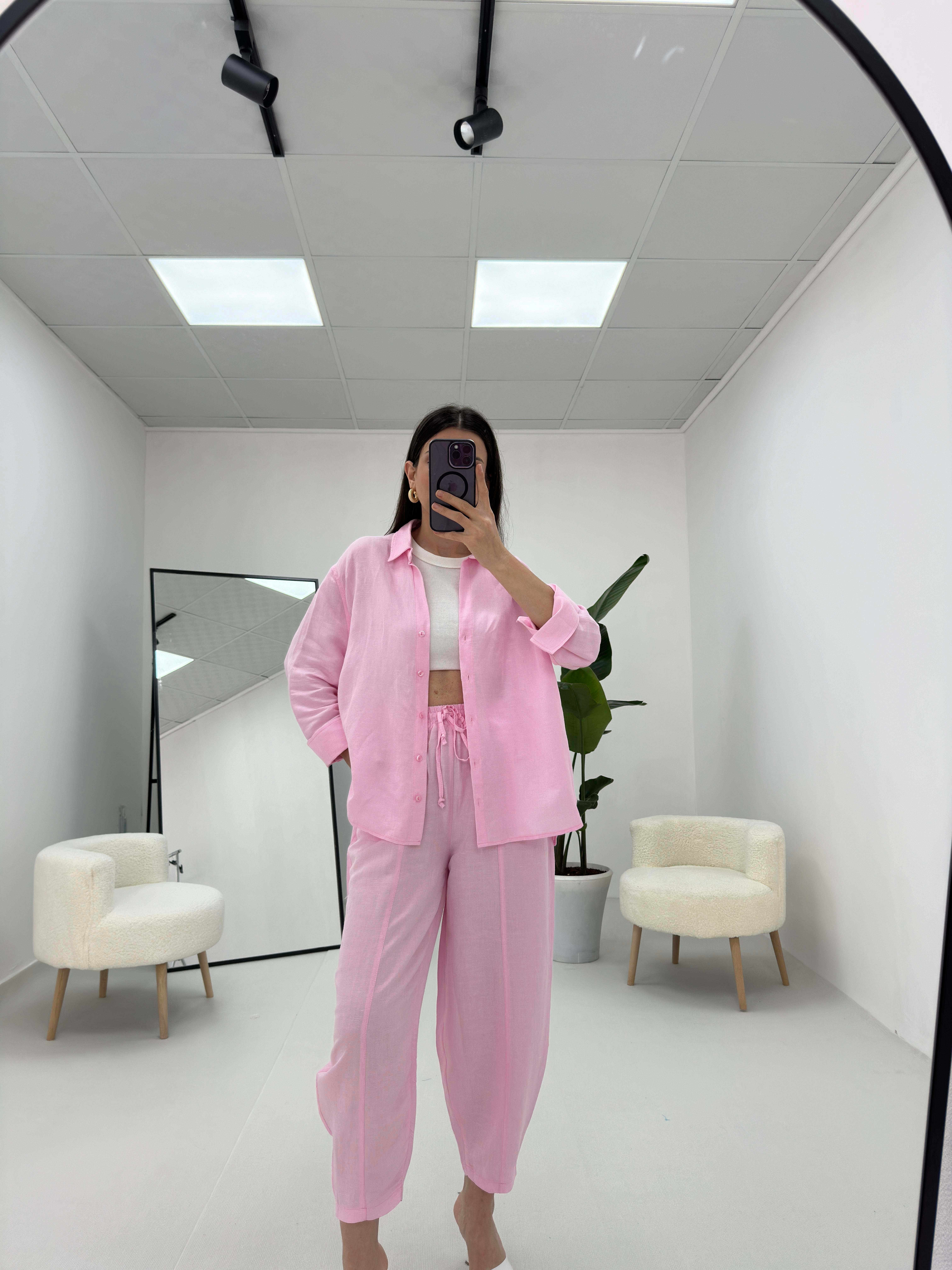 Keten Şalvar Takım Pembe 