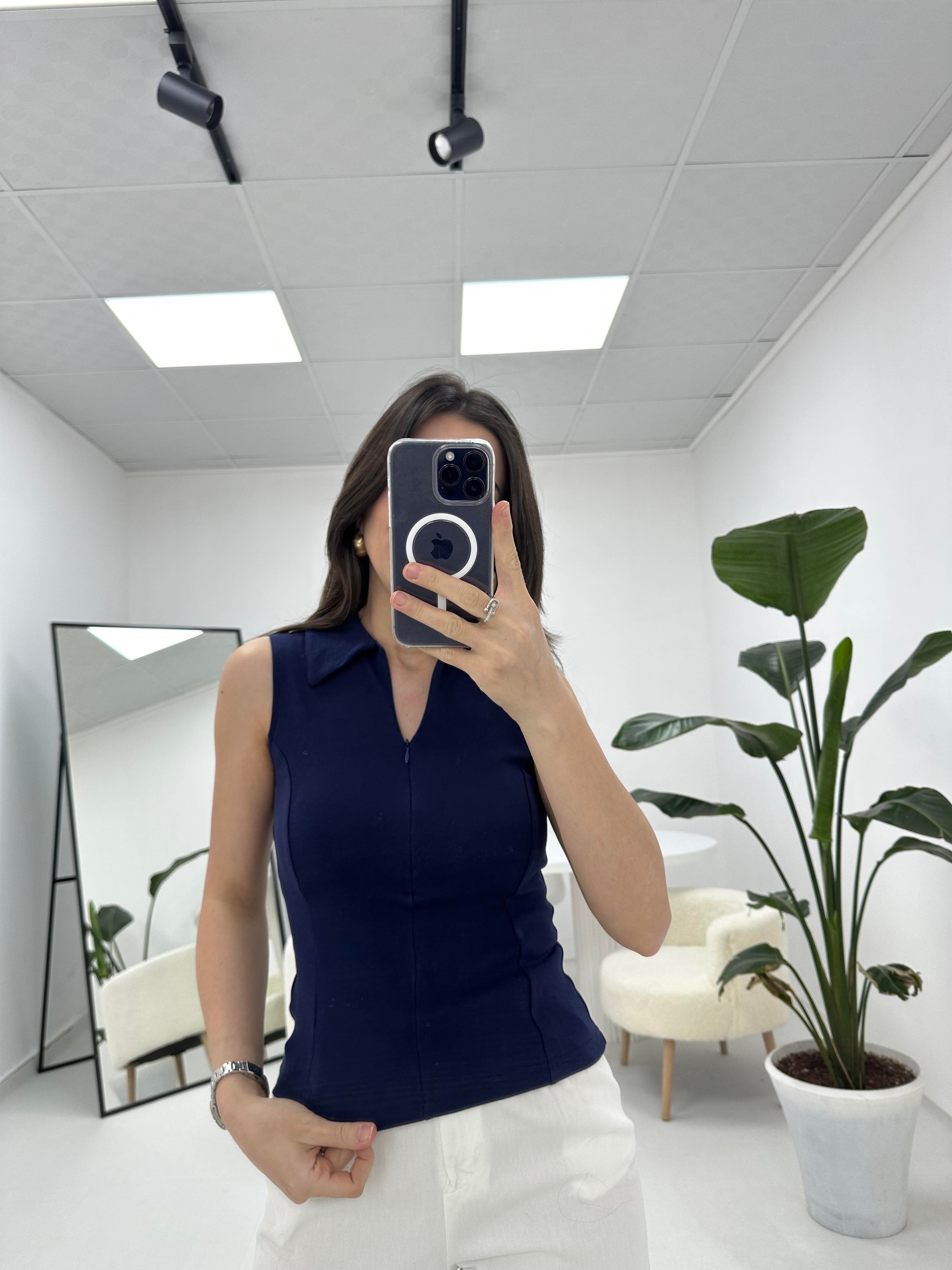 Kolsuz Fermuarlı Lacivert Bluz