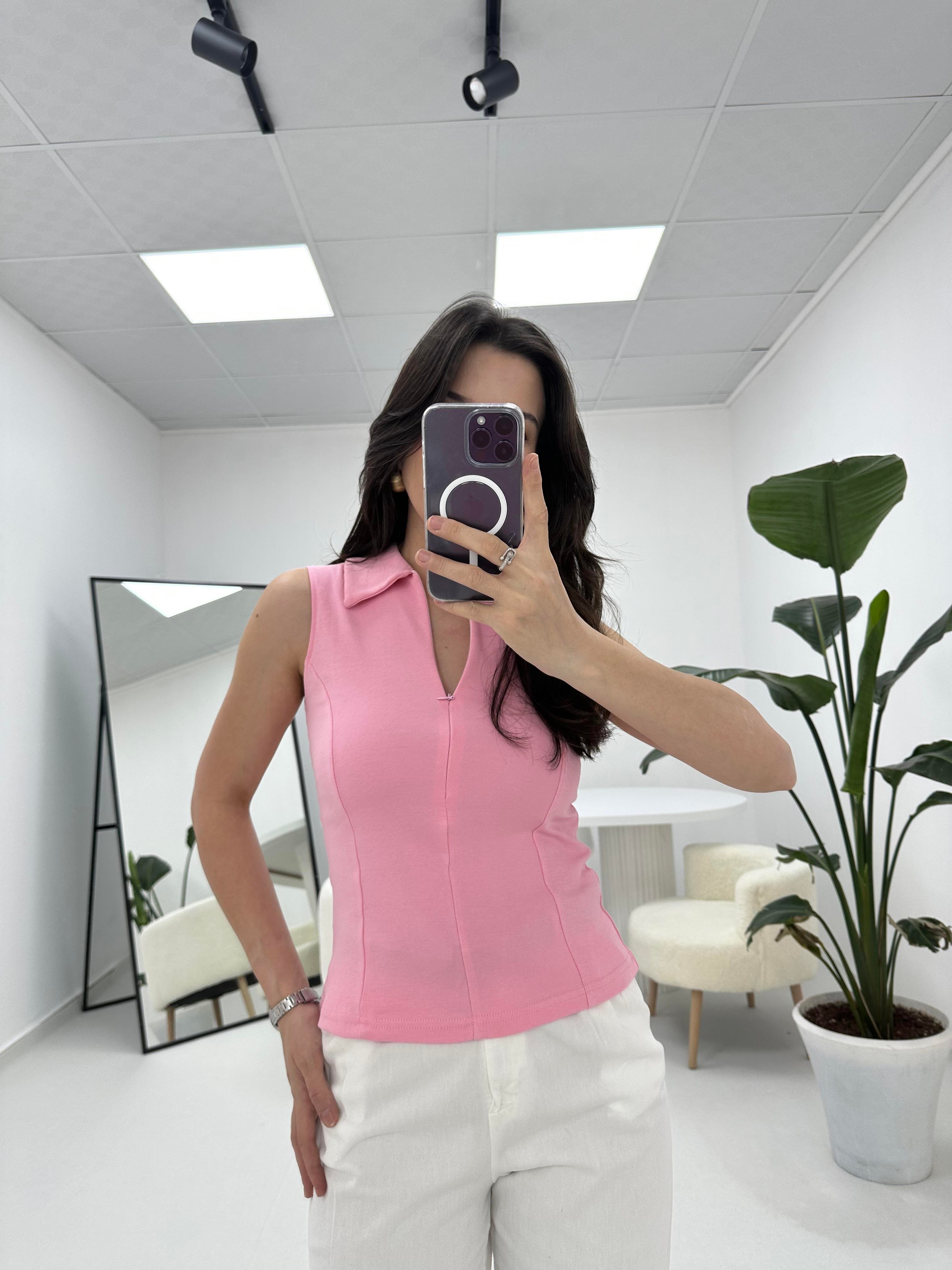 Kolsuz Fermuarlı Pembe Bluz