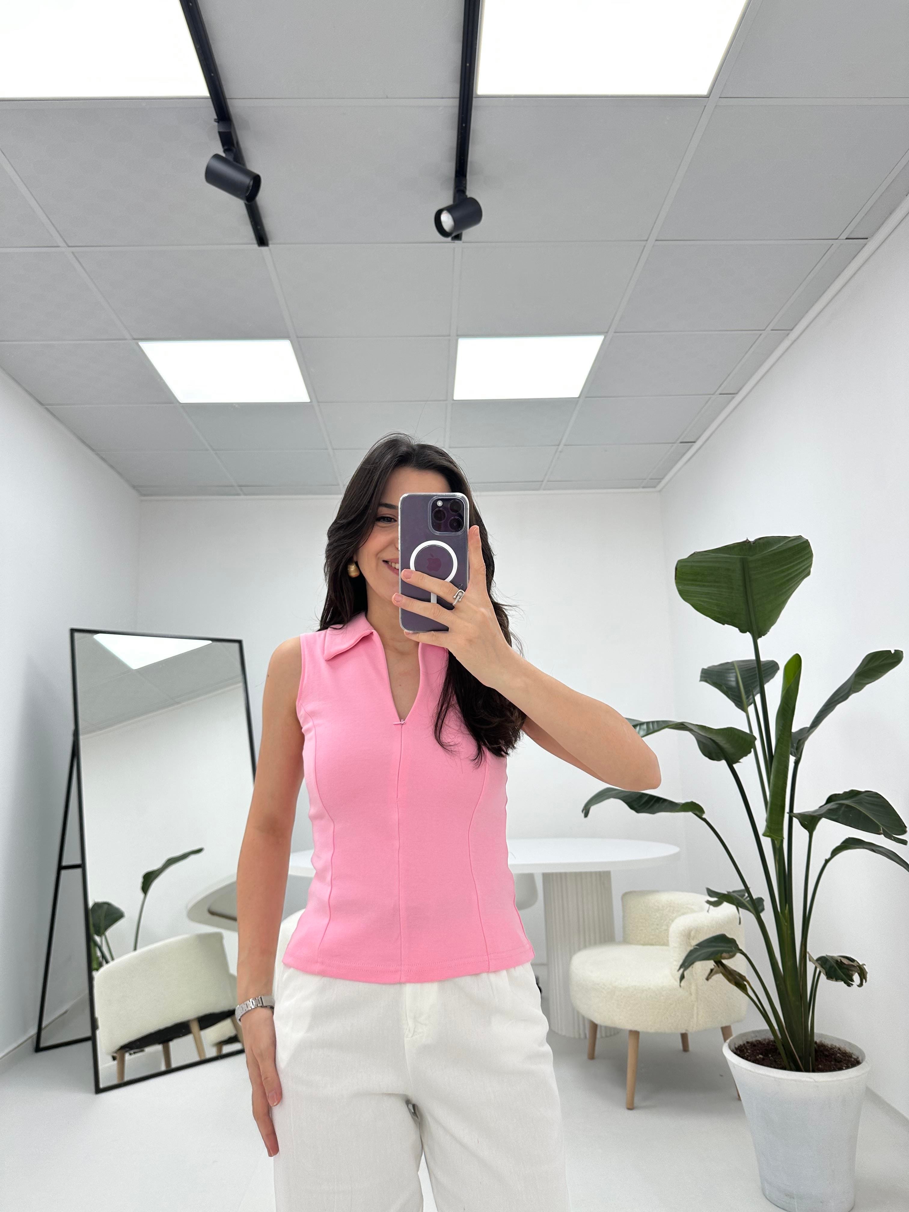 Kolsuz Fermuarlı Pembe Bluz