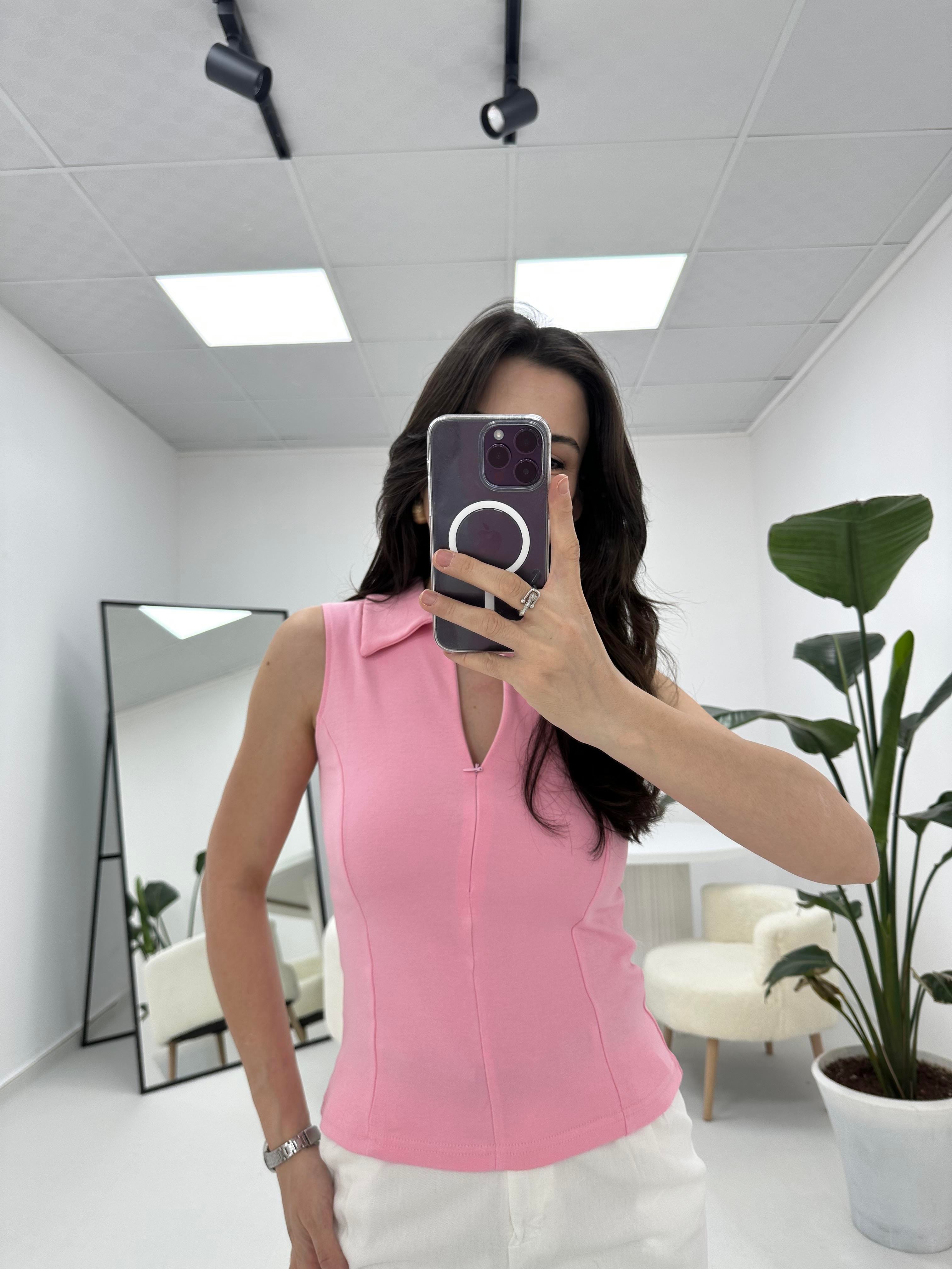 Kolsuz Fermuarlı Pembe Bluz