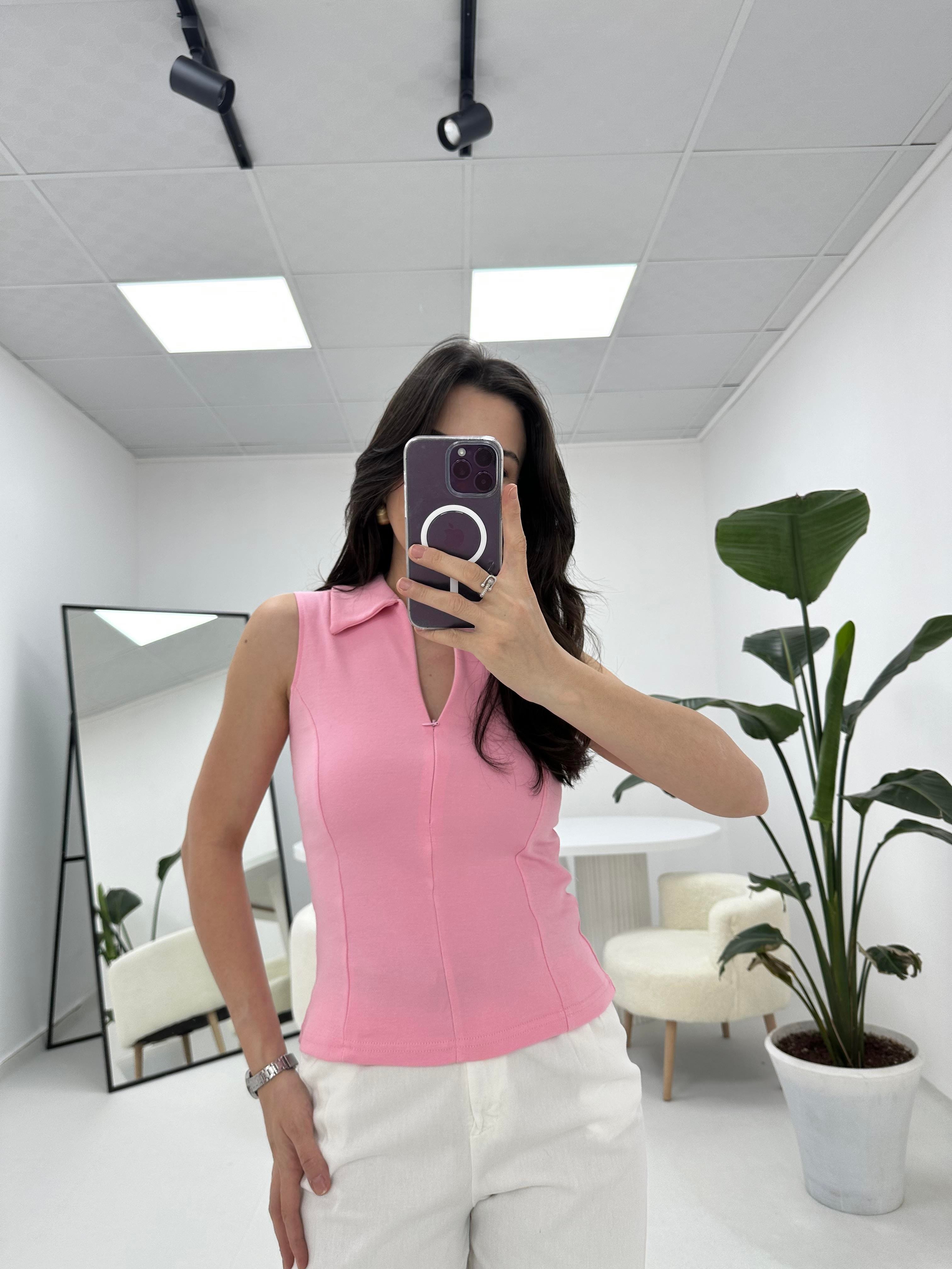Kolsuz Fermuarlı Pembe Bluz
